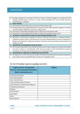 ANNEXES
GUIDE ROAD TRANSPORT SAFETY MANAGEMENT SYSTEM
Page 87
2.1. European Agreement concerning the Work of Crews of Vehicles Engaged in International Road
Transport (AETR), done at Geneva on 1 July 1970 (Consolidated text, version 2006, document
ECE/TRANS/SC. 1/2006/2)
3. ROAD TRAFFIC
3.1. Convention on Road Traffic, done at Vienna on 8 of November 1968
3.2. European Agreement supplementing the Convention on road traffic opened for signature at Vienna
on 8 of November 1968, done at Geneva on 1 May of 1971
3.3. Convention on Road Signs and Signals, done at Vienna on 8 of November 1968
3.4. Convention on the law applicable to traffic accidents, done at Hague, 4 May of 1971
4. TECHNICAL CONDITIONS OF VEHICLES AND ROADWORTHINESS TEST
4.1. Agreement Concerning the Adoption of Uniform Technical Prescriptions for Wheeled Vehicles,
equipment and parts which can be fitted and/ or be used on Wheeled Vehicles and the conditions for
Reciprocal Recognitions of Approvals Granted on the basis of this prescriptions, done at Geneva on
20 March of 1958
5. TRANSPORT OF DANGEROUS GOODS BY ROAD
5.1. The European Agreement concerning the International Carriage of Dangerous Goods by Road (ADR)
was done at Geneva on 30 September 1957 under the auspices of the United Nations Economic
Commission for Europe, and it entered into force on 29 January 1968
6. TRANSPORT OF CARRIAGE OF PERISHABLE FOODSTUFFS
6.1. The Agreement on the International Carriage of Perishable Foodstuffs and on the Special Equipment
to be used for such Carriage (ATP) done at Geneva on 1 September 1970
8.3. List of Ukrainian legal acts regarding road safety
Legal act (Laws, Presidential
Decrees, Governmental Resolutions,
Rules, Instructions etc.)
Subject
Constitutionof Ukraine
Civil Code of Ukraine
Labor Code of Ukraine
Code of Civil Protectionof Ukraine
Code of Ukraine on Administrative Offences
Criminal Code of Ukraine
Shipping
Roadtransport
RoadTraffic
Roads
National Police
 