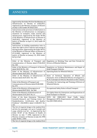 ANNEXES
GUIDE ROAD TRANSPORT SAFETY MANAGEMENT SYSTEM
Page 92
Approvedby the Order №231of the Ministry of
Infrastructure of Ukraine of 23.06.2015,
registered in the Ministry of Justice of Ukraine
on July 9, 2015 under № 818/27263
Instructions onthe provision of information in
the Ministry of Infrastructure in emergency
situations on transport, roads, tourism and
infrastructure. Approved by the Order №186
of the Ministry of Infrastructure of Ukraine of
26.03.2012, registered in the Ministry of
Justice of Ukraine on April 11, 2012 under №
541/20854
Instructions on holding examination tests to
obain the right to drive vehicles and issuing of
driving licenses. Approved by the Order №515
of the Ministry of Internal Affairs of Ukraine of
07.12.2009, registered in the Ministry of
Justice of Ukraine on January 22, 2010 under
№72/17367
Order of the Ministry of Transport and
Communication of Ukraine dated 07.06.2010
No. 340
Regulation on Working Time and Rest Periods for
Drivers of Wheeled Vehicles
Order of the Ministry of Transport of Ukraine
dated 30.03.98 No. 102
Regulation on Technical Maintenance and Repair of
Road Transport Vehicles
Order of the Ministry of Infrastructure of
Ukraine dated 26.07.2013 No. 550
Operating Rules for Wheeled Vehicles
Order of the Ministry of Infrastructure of
Ukraine dated 26.07.2013 No. 549
Rules of Technical Operation of Wheels and
Pneumatic Tires of Wheeled Vehicles of Categories L,
M, N,O and Special Vehicles Mounted on their Chassis
Order of the Ministry of Transport and
Communicationof Ukraine dated05.08.2008
No.975
Procedure for Instructing and Training of Drivers of
Wheeled Vehicles
Order of the Ministry of Emergencies of
Ukraine dated 09.07.2012 No.964
Occupational Safety Rules in Road Transport
Order of the Ministry of Infrastructure of
Ukraine dated 21.01.2015 No.11
Fire Safety Rules for Enterprises and Organizations of
Road Transport in Ukraine
Order of the State Enterprise “Ukrainian
Scientific-Research and Training Center for
Standardization, Certification and Quality
Problems” (UkrNDNC) dated 21.08.2015 No.
101
DSTU ISO 39001:2015 Road Traffic Safety
Management (RTS). Requirements and Guidelines for
Use (ISO 39001:2012)
The list of required drugs in the medical first
aid kits for passenger cars up to 9 people and
cargo vehicles (car kit - 1). Approved by the
Order №187 of the Ministry of Health of
Ukraine on July 7 1998, registered in the
Ministry of Justice of Ukraine on July 20, 1998
under №465 / 2905
The list of required drugs in the medical first
 