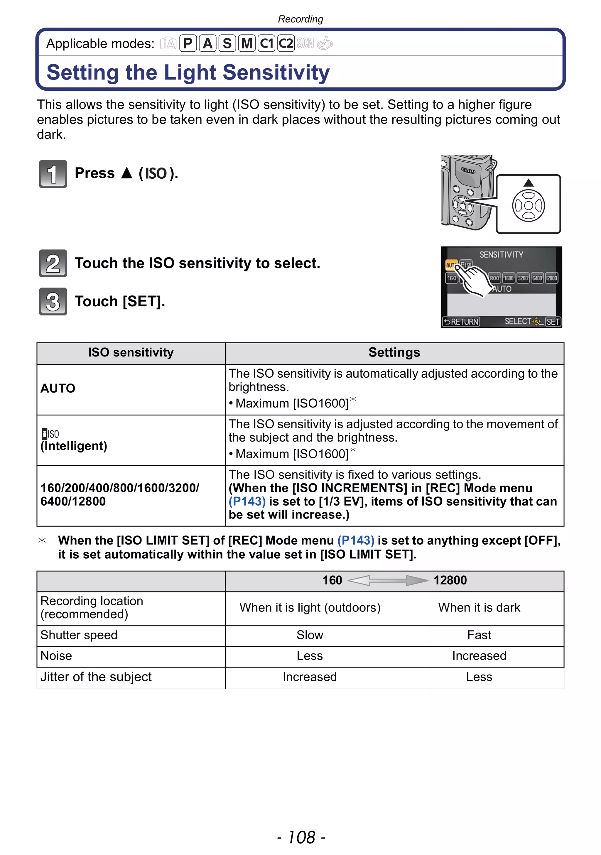 Recording
- 108 -
Applicable modes:
Setting the Light Sensitivity
This allows the sensitivity to light (ISO sensitivity) to be set. Setting to a higher figure
enables pictures to be taken even in dark places without the resulting pictures coming out
dark.
Press 3 ( ).
Touch the ISO sensitivity to select.
Touch [SET].
¢ When the [ISO LIMIT SET] of [REC] Mode menu (P143) is set to anything except [OFF],
it is set automatically within the value set in [ISO LIMIT SET].
ISO sensitivity Settings
AUTO
The ISO sensitivity is automatically adjusted according to the
brightness.
• Maximum [ISO1600]¢
(Intelligent)
The ISO sensitivity is adjusted according to the movement of
the subject and the brightness.
• Maximum [ISO1600]¢
160/200/400/800/1600/3200/
6400/12800
The ISO sensitivity is fixed to various settings.
(When the [ISO INCREMENTS] in [REC] Mode menu
(P143) is set to [1/3 EV], items of ISO sensitivity that can
be set will increase.)
160 12800
Recording location
(recommended)
When it is light (outdoors) When it is dark
Shutter speed Slow Fast
Noise Less Increased
Jitter of the subject Increased Less
 