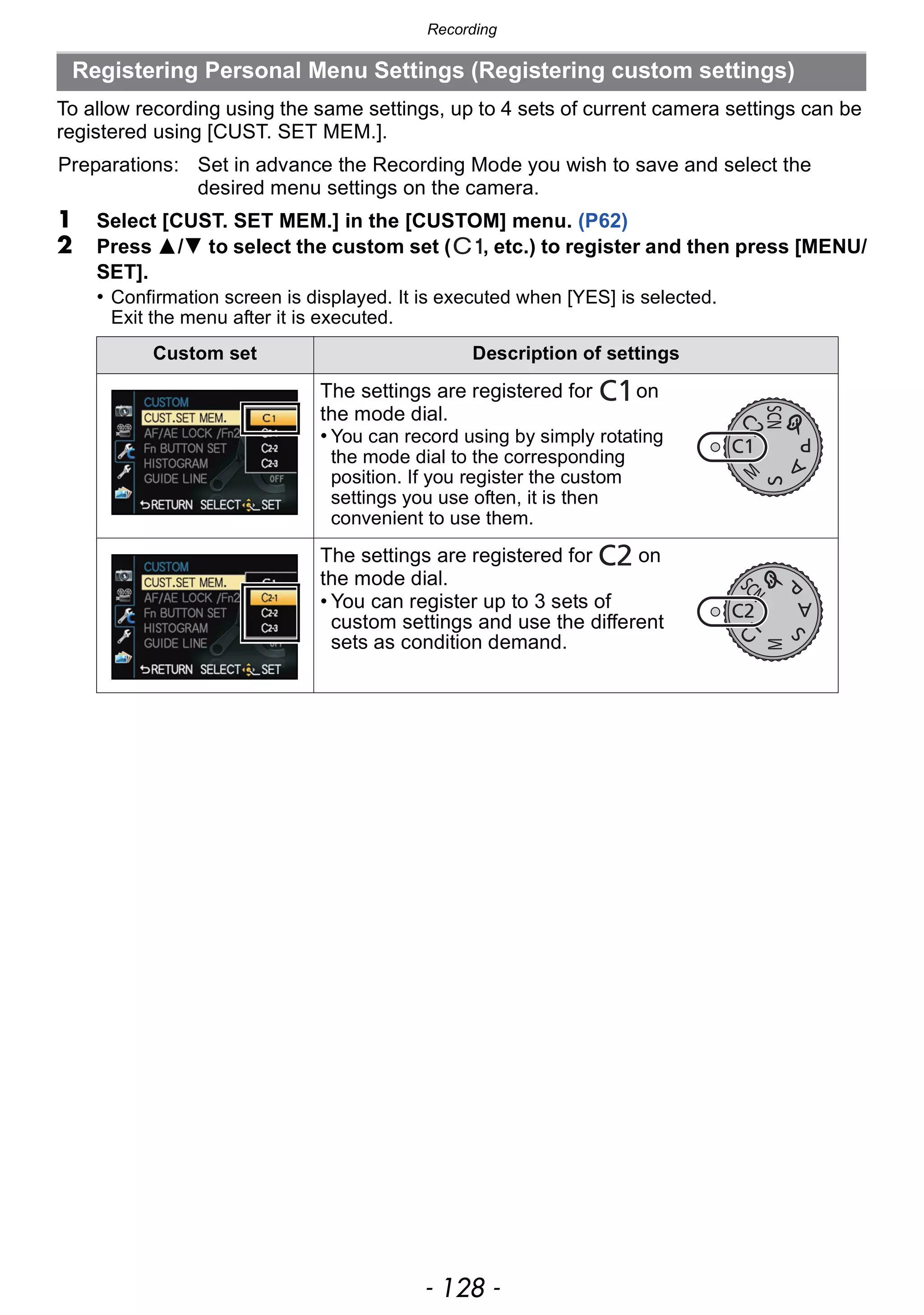 Recording
- 128 -
To allow recording using the same settings, up to 4 sets of current camera settings can be
registered using [CUST. SET MEM.].
1 Select [CUST. SET MEM.] in the [CUSTOM] menu. (P62)
2 Press 3/4 to select the custom set ( , etc.) to register and then press [MENU/
SET].
• Confirmation screen is displayed. It is executed when [YES] is selected.
Exit the menu after it is executed.
Registering Personal Menu Settings (Registering custom settings)
Preparations: Set in advance the Recording Mode you wish to save and select the
desired menu settings on the camera.
Custom set Description of settings
The settings are registered for on
the mode dial.
• You can record using by simply rotating
the mode dial to the corresponding
position. If you register the custom
settings you use often, it is then
convenient to use them.
The settings are registered for on
the mode dial.
• You can register up to 3 sets of
custom settings and use the different
sets as condition demand.
 