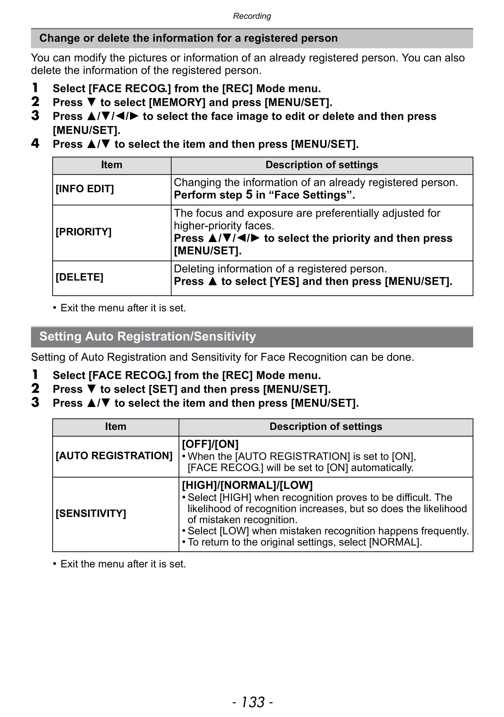 - 133 -
Recording
You can modify the pictures or information of an already registered person. You can also
delete the information of the registered person.
1 Select [FACE RECOG.] from the [REC] Mode menu.
2 Press 4 to select [MEMORY] and press [MENU/SET].
3 Press 3/4/2/1 to select the face image to edit or delete and then press
[MENU/SET].
4 Press 3/4 to select the item and then press [MENU/SET].
• Exit the menu after it is set.
Setting of Auto Registration and Sensitivity for Face Recognition can be done.
1 Select [FACE RECOG.] from the [REC] Mode menu.
2 Press 4 to select [SET] and then press [MENU/SET].
3 Press 3/4 to select the item and then press [MENU/SET].
• Exit the menu after it is set.
Change or delete the information for a registered person
Item Description of settings
[INFO EDIT]
Changing the information of an already registered person.
Perform step 5 in “Face Settings”.
[PRIORITY]
The focus and exposure are preferentially adjusted for
higher-priority faces.
Press 3/4/2/1 to select the priority and then press
[MENU/SET].
[DELETE]
Deleting information of a registered person.
Press 3 to select [YES] and then press [MENU/SET].
Setting Auto Registration/Sensitivity
Item Description of settings
[AUTO REGISTRATION]
[OFF]/[ON]
• When the [AUTO REGISTRATION] is set to [ON],
[FACE RECOG.] will be set to [ON] automatically.
[SENSITIVITY]
[HIGH]/[NORMAL]/[LOW]
• Select [HIGH] when recognition proves to be difficult. The
likelihood of recognition increases, but so does the likelihood
of mistaken recognition.
• Select [LOW] when mistaken recognition happens frequently.
• To return to the original settings, select [NORMAL].
 