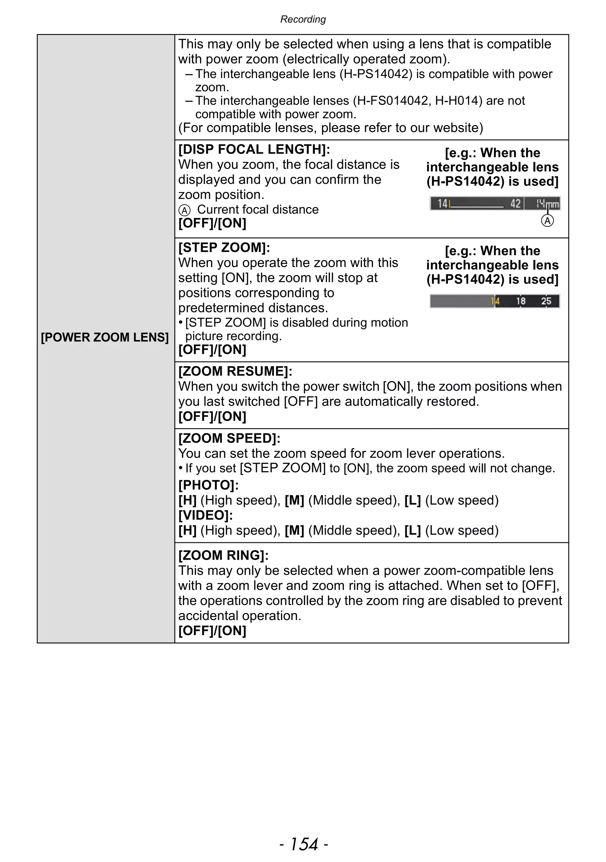 Recording
- 154 -
[POWER ZOOM LENS]
This may only be selected when using a lens that is compatible
with power zoom (electrically operated zoom).
– The interchangeable lens (H-PS14042) is compatible with power
zoom.
– The interchangeable lenses (H-FS014042, H-H014) are not
compatible with power zoom.
(For compatible lenses, please refer to our website)
[DISP FOCAL LENGTH]:
When you zoom, the focal distance is
displayed and you can confirm the
zoom position.
A Current focal distance
[OFF]/[ON]
[e.g.: When the
interchangeable lens
(H-PS14042) is used]
[STEP ZOOM]:
When you operate the zoom with this
setting [ON], the zoom will stop at
positions corresponding to
predetermined distances.
• [STEP ZOOM] is disabled during motion
picture recording.
[OFF]/[ON]
[e.g.: When the
interchangeable lens
(H-PS14042) is used]
[ZOOM RESUME]:
When you switch the power switch [ON], the zoom positions when
you last switched [OFF] are automatically restored.
[OFF]/[ON]
[ZOOM SPEED]:
You can set the zoom speed for zoom lever operations.
• If you set [STEP ZOOM] to [ON], the zoom speed will not change.
[PHOTO]:
[H] (High speed), [M] (Middle speed), [L] (Low speed)
[VIDEO]:
[H] (High speed), [M] (Middle speed), [L] (Low speed)
[ZOOM RING]:
This may only be selected when a power zoom-compatible lens
with a zoom lever and zoom ring is attached. When set to [OFF],
the operations controlled by the zoom ring are disabled to prevent
accidental operation.
[OFF]/[ON]
A
 