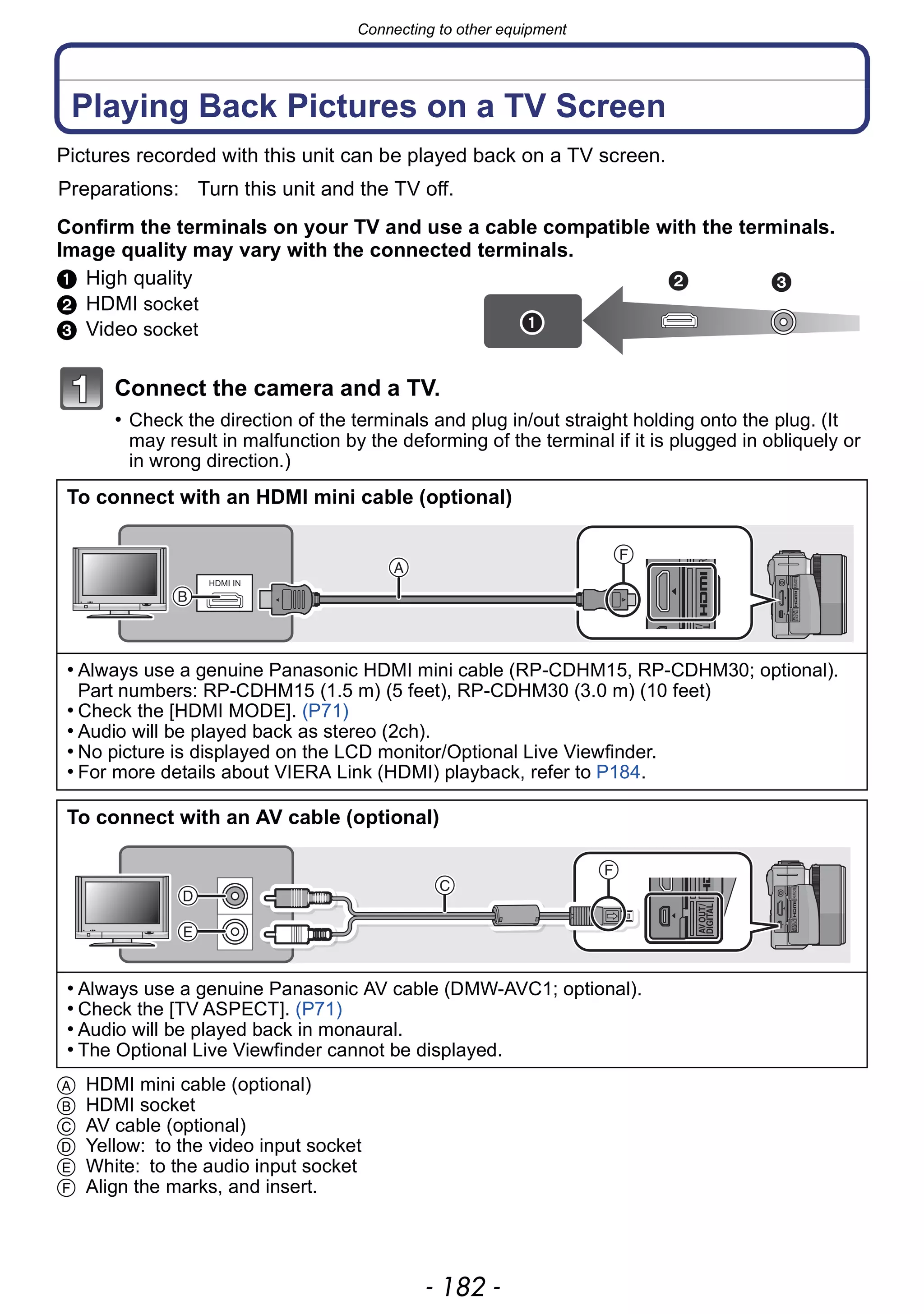 Connecting to other equipment
- 182 -
Playing Back Pictures on a TV Screen
Pictures recorded with this unit can be played back on a TV screen.
Confirm the terminals on your TV and use a cable compatible with the terminals.
Image quality may vary with the connected terminals.
1 High quality
2 HDMI socket
3 Video socket
Connect the camera and a TV.
• Check the direction of the terminals and plug in/out straight holding onto the plug. (It
may result in malfunction by the deforming of the terminal if it is plugged in obliquely or
in wrong direction.)
A HDMI mini cable (optional)
B HDMI socket
C AV cable (optional)
D Yellow: to the video input socket
E White: to the audio input socket
F Align the marks, and insert.
Preparations: Turn this unit and the TV off.
To connect with an HDMI mini cable (optional)
• Always use a genuine Panasonic HDMI mini cable (RP-CDHM15, RP-CDHM30; optional).
Part numbers: RP-CDHM15 (1.5 m) (5 feet), RP-CDHM30 (3.0 m) (10 feet)
• Check the [HDMI MODE]. (P71)
• Audio will be played back as stereo (2ch).
• No picture is displayed on the LCD monitor/Optional Live Viewfinder.
• For more details about VIERA Link (HDMI) playback, refer to P184.
To connect with an AV cable (optional)
• Always use a genuine Panasonic AV cable (DMW-AVC1; optional).
• Check the [TV ASPECT]. (P71)
• Audio will be played back in monaural.
• The Optional Live Viewfinder cannot be displayed.
 