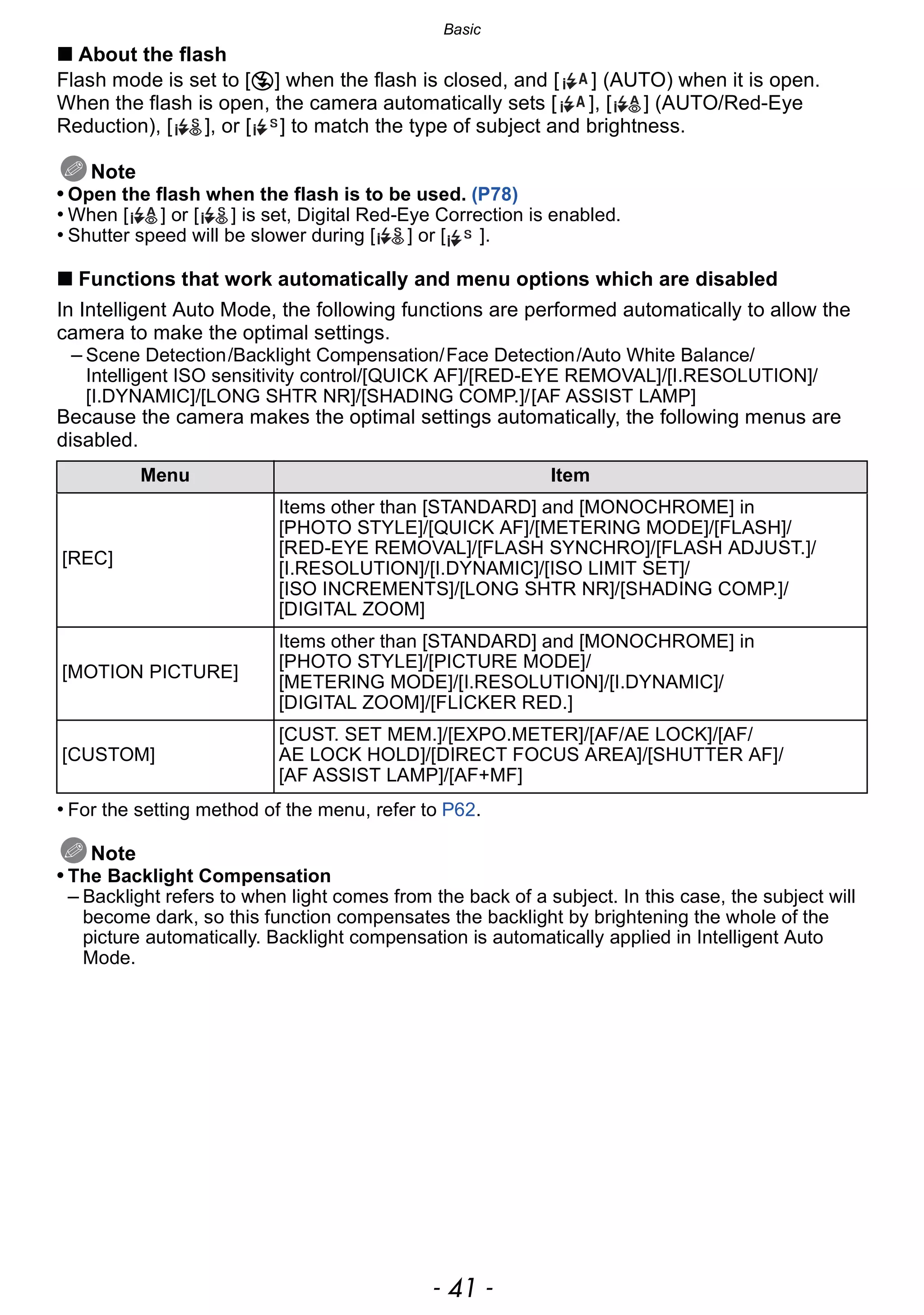 - 41 -
Basic
∫ About the flash
Flash mode is set to [Œ] when the flash is closed, and [ ] (AUTO) when it is open.
When the flash is open, the camera automatically sets [ ], [ ] (AUTO/Red-Eye
Reduction), [ ], or [ ] to match the type of subject and brightness.
Note
• Open the flash when the flash is to be used. (P78)
• When [ ] or [ ] is set, Digital Red-Eye Correction is enabled.
• Shutter speed will be slower during [ ] or [ ].
∫ Functions that work automatically and menu options which are disabled
In Intelligent Auto Mode, the following functions are performed automatically to allow the
camera to make the optimal settings.
– Scene Detection/Backlight Compensation/Face Detection/Auto White Balance/
Intelligent ISO sensitivity control/[QUICK AF]/[RED-EYE REMOVAL]/[I.RESOLUTION]/
[I.DYNAMIC]/[LONG SHTR NR]/[SHADING COMP.]/[AF ASSIST LAMP]
Because the camera makes the optimal settings automatically, the following menus are
disabled.
• For the setting method of the menu, refer to P62.
Note
• The Backlight Compensation
– Backlight refers to when light comes from the back of a subject. In this case, the subject will
become dark, so this function compensates the backlight by brightening the whole of the
picture automatically. Backlight compensation is automatically applied in Intelligent Auto
Mode.
Menu Item
[REC]
Items other than [STANDARD] and [MONOCHROME] in
[PHOTO STYLE]/[QUICK AF]/[METERING MODE]/[FLASH]/
[RED-EYE REMOVAL]/[FLASH SYNCHRO]/[FLASH ADJUST.]/
[I.RESOLUTION]/[I.DYNAMIC]/[ISO LIMIT SET]/
[ISO INCREMENTS]/[LONG SHTR NR]/[SHADING COMP.]/
[DIGITAL ZOOM]
[MOTION PICTURE]
Items other than [STANDARD] and [MONOCHROME] in
[PHOTO STYLE]/[PICTURE MODE]/
[METERING MODE]/[I.RESOLUTION]/[I.DYNAMIC]/
[DIGITAL ZOOM]/[FLICKER RED.]
[CUSTOM]
[CUST. SET MEM.]/[EXPO.METER]/[AF/AE LOCK]/[AF/
AE LOCK HOLD]/[DIRECT FOCUS AREA]/[SHUTTER AF]/
[AF ASSIST LAMP]/[AF+MF]
 