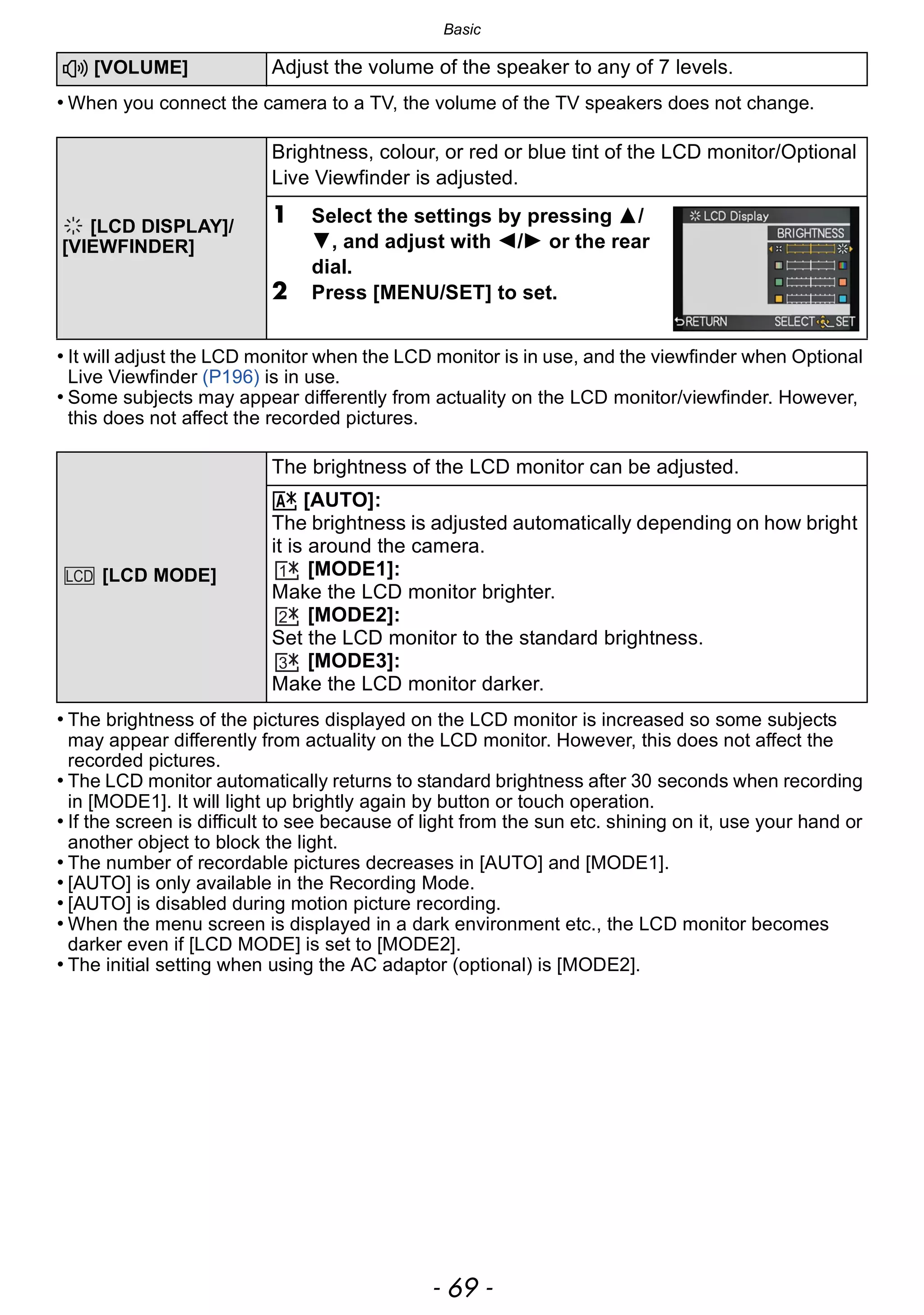 - 69 -
Basic
• When you connect the camera to a TV, the volume of the TV speakers does not change.
• It will adjust the LCD monitor when the LCD monitor is in use, and the viewfinder when Optional
Live Viewfinder (P196) is in use.
• Some subjects may appear differently from actuality on the LCD monitor/viewfinder. However,
this does not affect the recorded pictures.
• The brightness of the pictures displayed on the LCD monitor is increased so some subjects
may appear differently from actuality on the LCD monitor. However, this does not affect the
recorded pictures.
• The LCD monitor automatically returns to standard brightness after 30 seconds when recording
in [MODE1]. It will light up brightly again by button or touch operation.
• If the screen is difficult to see because of light from the sun etc. shining on it, use your hand or
another object to block the light.
• The number of recordable pictures decreases in [AUTO] and [MODE1].
• [AUTO] is only available in the Recording Mode.
• [AUTO] is disabled during motion picture recording.
• When the menu screen is displayed in a dark environment etc., the LCD monitor becomes
darker even if [LCD MODE] is set to [MODE2].
• The initial setting when using the AC adaptor (optional) is [MODE2].
u [VOLUME] Adjust the volume of the speaker to any of 7 levels.
[LCD DISPLAY]/
[VIEWFINDER]
Brightness, colour, or red or blue tint of the LCD monitor/Optional
Live Viewfinder is adjusted.
1 Select the settings by pressing 3/
4, and adjust with 2/1 or the rear
dial.
2 Press [MENU/SET] to set.
[LCD MODE]
The brightness of the LCD monitor can be adjusted.
„ [AUTO]:
The brightness is adjusted automatically depending on how bright
it is around the camera.
[MODE1]:
Make the LCD monitor brighter.
[MODE2]:
Set the LCD monitor to the standard brightness.
[MODE3]:
Make the LCD monitor darker.
LCD …1
…2
…3
 