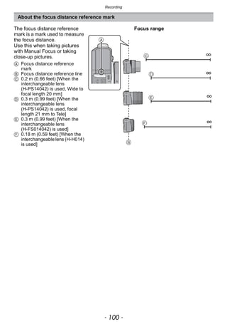 Recording
- 100 -
About the focus distance reference mark
The focus distance reference
mark is a mark used to measure
the focus distance.
Use this when taking pictures
with Manual Focus or taking
close-up pictures.
A Focus distance reference
mark
B Focus distance reference line
C 0.2 m (0.66 feet) [When the
interchangeable lens
(H-PS14042) is used, Wide to
focal length 20 mm]
D 0.3 m (0.99 feet) [When the
interchangeable lens
(H-PS14042) is used, focal
length 21 mm to Tele]
E 0.3 m (0.99 feet) [When the
interchangeable lens
(H-FS014042) is used]
F 0.18 m (0.59 feet) [When the
interchangeable lens (H-H014)
is used]
Focus range
 