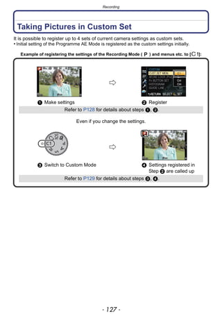 - 127 -
Recording
Taking Pictures in Custom Set
It is possible to register up to 4 sets of current camera settings as custom sets.
• Initial setting of the Programme AE Mode is registered as the custom settings initially.
Example of registering the settings of the Recording Mode ( ) and menus etc. to [ ]:
Even if you change the settings.
1 Make settings 2 Register
Refer to P128 for details about steps 1, 2.
3 Switch to Custom Mode 4 Settings registered in
Step 2 are called up
Refer to P129 for details about steps 3, 4.
 