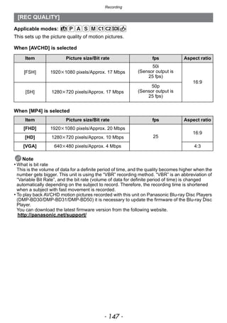 - 147 -
Recording
Applicable modes:
This sets up the picture quality of motion pictures.
When [AVCHD] is selected
When [MP4] is selected
Note
• What is bit rate
This is the volume of data for a definite period of time, and the quality becomes higher when the
number gets bigger. This unit is using the “VBR” recording method. “VBR” is an abbreviation of
“Variable Bit Rate”, and the bit rate (volume of data for definite period of time) is changed
automatically depending on the subject to record. Therefore, the recording time is shortened
when a subject with fast movement is recorded.
• To play back AVCHD motion pictures recorded with this unit on Panasonic Blu-ray Disc Players
(DMP-BD30/DMP-BD31/DMP-BD50) it is necessary to update the firmware of the Blu-ray Disc
Player.
You can download the latest firmware version from the following website.
http://panasonic.net/support/
[REC QUALITY]
Item Picture size/Bit rate fps Aspect ratio
[FSH] 1920k1080 pixels/Approx. 17 Mbps
50i
(Sensor output is
25 fps)
16:9
[SH] 1280k720 pixels/Approx. 17 Mbps
50p
(Sensor output is
25 fps)
Item Picture size/Bit rate fps Aspect ratio
[FHD] 1920k1080 pixels/Approx. 20 Mbps
25
16:9
[HD] 1280k720 pixels/Approx. 10 Mbps
[VGA] 640k480 pixels/Approx. 4 Mbps 4:3
 