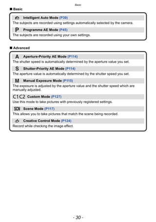 Basic
- 30 -
∫ Basic
∫ Advanced
Intelligent Auto Mode (P39)
The subjects are recorded using settings automatically selected by the camera.
Programme AE Mode (P45)
The subjects are recorded using your own settings.
Aperture-Priority AE Mode (P114)
The shutter speed is automatically determined by the aperture value you set.
Shutter-Priority AE Mode (P114)
The aperture value is automatically determined by the shutter speed you set.
Manual Exposure Mode (P115)
The exposure is adjusted by the aperture value and the shutter speed which are
manually adjusted.
Custom Mode (P127)
Use this mode to take pictures with previously registered settings.
Scene Mode (P117)
This allows you to take pictures that match the scene being recorded.
Creative Control Mode (P124)
Record while checking the image effect.
 