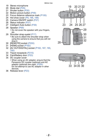 Before Use
- 8 -
19 Stereo microphone
20 Mode dial (P29)
21 Shutter button (P35)
22 Motion picture button (P48)
23 Focus distance reference mark (P100)
24 Hot shoe cover (P9, 196, 198)
25 Camera ON/OFF switch (P27)
26 Status indicator (P27)
27 Intelligent Auto button (P39)
28 Speaker (P69)
• Do not cover the speaker with your fingers,
etc.
29 Shoulder strap eyelet (P17)
• Be sure to attach the shoulder strap when
using the camera to ensure that you will not
drop it.
30 [REMOTE] socket (P200)
31 [HDMI] socket (P182)
32 [AV OUT/DIGITAL] socket (P182, 187, 190,
192)
33 Tripod receptacle (P210)
34 Card/Battery door (P23)
35 DC coupler cover
• When using an AC adaptor, ensure that the
Panasonic DC coupler (optional) and AC
adaptor (optional) are used. (P200)
Do not attempt to use AC adaptor in other
devices.
36 Release lever (P23)
23 24 25 26 27
19 212220
29
31
30
32
28
3435 3633
 