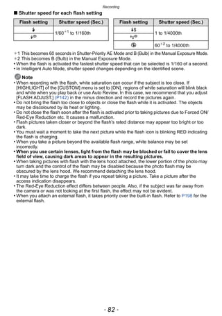 Recording
- 82 -
∫ Shutter speed for each flash setting
¢1 This becomes 60 seconds in Shutter-Priority AE Mode and B (Bulb) in the Manual Exposure Mode.
¢2 This becomes B (Bulb) in the Manual Exposure Mode.
• When the flash is activated the fastest shutter speed that can be selected is 1/160 of a second.
• In Intelligent Auto Mode, shutter speed changes depending on the identified scene.
Note
• When recording with the flash, white saturation can occur if the subject is too close. If
[HIGHLIGHT] of the [CUSTOM] menu is set to [ON], regions of white saturation will blink black
and white when you play back or use Auto Review. In this case, we recommend that you adjust
[FLASH ADJUST.] (P142) in the minus direction and record the pictures again.
• Do not bring the flash too close to objects or close the flash while it is activated. The objects
may be discoloured by its heat or lighting.
• Do not close the flash soon after the flash is activated prior to taking pictures due to Forced ON/
Red-Eye Reduction etc. It causes a malfunction.
• Flash pictures taken closer or beyond the flash’s rated distance may appear too bright or too
dark.
• You must wait a moment to take the next picture while the flash icon is blinking RED indicating
the flash is charging.
• When you take a picture beyond the available flash range, white balance may be set
incorrectly.
• When you use certain lenses, light from the flash may be blocked or fail to cover the lens
field of view, causing dark areas to appear in the resulting pictures.
• When taking pictures with flash with the lens hood attached, the lower portion of the photo may
turn dark and the control of the flash may be disabled because the photo flash may be
obscured by the lens hood. We recommend detaching the lens hood.
• It may take time to charge the flash if you repeat taking a picture. Take a picture after the
access indication disappears.
• The Red-Eye Reduction effect differs between people. Also, if the subject was far away from
the camera or was not looking at the first flash, the effect may not be evident.
• When you attach an external flash, it takes priority over the built-in flash. Refer to P198 for the
external flash.
Flash setting Shutter speed (Sec.) Flash setting Shutter speed (Sec.)
‰
1/60¢1
to 1/160th 1 to 1/4000th
Œ 60¢2
to 1/4000th
 