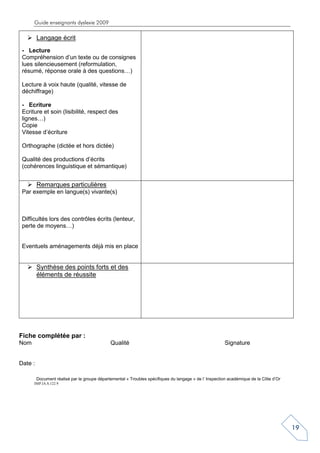 Guide enseignants dyslexie 2009

         Langage écrit
 - Lecture
 Compréhension d’un texte ou de consignes
 lues silencieusement (reformulation,
 résumé, réponse orale à des questions…)

 Lecture à voix haute (qualité, vitesse de
 déchiffrage)

 - Ecriture
 Ecriture et soin (lisibilité, respect des
 lignes…)
 Copie
 Vitesse d’écriture

 Orthographe (dictée et hors dictée)

 Qualité des productions d’écrits
 (cohérences linguistique et sémantique)


         Remarques particulières
 Par exemple en langue(s) vivante(s)



 Difficultés lors des contrôles écrits (lenteur,
 perte de moyens…)


 Eventuels aménagements déjà mis en place


         Synthèse des points forts et des
         éléments de réussite




Fiche complétée par :
Nom                                           Qualité                                                   Signature


Date :

         Document réalisé par le groupe départemental « Troubles spécifiques du langage » de l’ Inspection académique de la Côte d’Or
      IMP.IA.S.122.9




                                                                                                                                        19
 