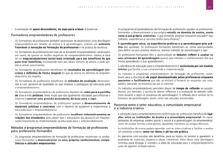 15E D U C A Ç Ã O P A R A O E M P R E E N D E D O R I S M O ― G U I A P A R A E D U C A D O R E S
xx A prestação de apoio descendente, do topo para a base, é essencial.
Formadores empreendedores de professores
xx Os formadores de professores também necessitam de desenvolver uma abordagem
empreendedora em relação ao ensino e à aprendizagem, criando um ambiente
favorável à inovação na formação de professores e na prática da docência.
xx Os formadores de professores em vias de se tornarem empreendedores necessitam,
por vezes, de ignorar as noções negativas de «empreendedorismo». Adotar a ideia
de um empreendedorismo social mais orientado para dar benefícios do que
para tirar benefícios, corresponde bem aos ideais comuns de ensino e pode aju-
dar a vencer preconceitos.
xx Os formadores de professores beneficiam de resultados da aprendizagem con-
cretos e definidos de forma tangível no que ao ensino no domínio do empreen-
dedorismo diz respeito.
xx Os formadores de professores beneficiam de métodos de avaliação desenvolvi-
dos e com garantia de qualidade no que respeita à pedagogia da educação para
o empreendedorismo.
xx Os formadores empreendedores de professores dispõem de redes para a partilha
de boas e más práticas, redes essas que são igualmente utilizadas para informar o
Governo e exercer uma pressão ascendente, da base para o topo.
xx Os formadores empreendedores de professores apoiam o desenvolvimento de
materiais práticos e concretos com o objetivo de ajudarem a implementar a
educação para o empreendedorismo.
xx Os formadores empreendedores de professores recolhem sistematicamente as
reações dos estudantes, pois sabem que o entusiasmo dos alunos é um impulsio-
nador importante da implementação da educação para o empreendedorismo.
Métodos e programas empreendedores de formação de professores
para professores-formandos
xx Os programas empreendedores de formação de professores incentivam os profes-
sores-formandos a desenvolverem os seus próprios conhecimentos, compe-
tências e atitudes empresariais.
xx Os programas empreendedores de formação de professores ajudam os professores-
formandos a desenvolverem a sua própria missão no domínio do ensino, assim
como a sua própria «carteira»: o que pretendo alcançar enquanto educador? Que
métodos, experiências e recursos tenho para oferecer?
xx A aprendizagem ativa, as experiências práticas e a aprendizagem pela prá-
tica são apoiadas. Os professores-formandos beneficiam de várias oportunidades
para definir os seus próprios objetivos, planear métodos de aprendizagem e agir.
xx Os professores-formandos têm a oportunidade de debater, refletir e avaliar os
seus processos de aprendizagem quanto aos métodos e conhecimentos (De que
forma aprendemos o que aprendemos?).
xx A relevância da educação para o empreendedorismo é sustentada por um modelo
teórico que facilita a sua compreensão e implementação.
xx Os métodos e programas empreendedores de formação de professores contri-
buem para a elucidação do papel desempenhado pelos professores enquanto
apoiantes e facilitadores que não se limitam a fornecer as respostas aos estu-
dantes, deixando-os encontrá-las por si mesmos
xx Os métodos empreendedores permitem dispor de tempo de reflexão ao possibi-
litarem, por exemplo, a escrita de diários reflexivos e a realização de debates refle-
xivos durante e após os processos de aprendizagem. A reflexão deve centrar-se no
processo de aprendizagem, assim como nas soluções encontradas
Parcerias entre o setor educativo, a comunidade empresarial
e a indústria criativa
xx A educação para o empreendedorismo na formação de professores beneficia de liga-
ções entre as instituições de ensino e a comunidade empresarial. Os repre-
sentantes de empresas podem apoiar o ensino e a aprendizagem do empreendedo-
rismo de muitas formas: como peritos, apoiantes, mentores ou amigos decisivos.
xx As instituições de ensino podem aprender com as artes criativas a facilitar e avaliar
um processo criativo: como ter ideias e pô-las em prática.
xx As parcerias com escolas são benéficas para os testes no terreno e garantem a
qualidade de materiais, projetos e ideias inovadores. Além disso, esta abordagem
contribui para divulgar e «vender» a ideia de educação para o empreendedorismo
junto de agentes multiplicadores.
 