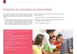 28 E D U C A Ç Ã O P A R A O E M P R E E N D E D O R I S M O ― G U I A P A R A E D U C A D O R E S
Programa de orientação na universidade
Os professores-formandos participam num curso de formação (2-3 sema-
nas) durante o ano académico. Visitam escolas e cooperam com os pro-
fessores no ativo. Estes programas constituem um requisito do programa
de ensino.
`` O programa consiste numa aprendizagem em meio escolar, num rela-
tório de atividades, na prestação de apoio a professores no ativo, por
forma a ajudá-los a minimizar/solucionar problemas na respetiva
escola, e no estabelecimento de contactos com empresas com o obje-
tivo de conseguir a cooperação das mesmas num projeto escolar.
A atividade promove a formação de professores em educação para o empreen-
dedorismo, através da:
`` cooperação com professores e diretores de estabelecimentos de ensino;
`` aprendizagem no que diz respeito a problemas quotidianos em escolas e
da aquisição de conhecimentos práticos;
`` criação de competências inovadoras.
Tipo de atividade: programas de formação de professores-formandos em
educação para o empreendedorismo
País de execução: Grécia
Instituição responsável pela execução da atividade: Universidade de
Ioannina, departamento de Educação da Primeira Infância
Sítio web ou ligação para aceder ao projeto ou à instituição:
http://www.uoi.gr/oldsite/main.html
Contacto principal: Polyxeni (Jenny) PANGE
Endereço de correio eletrónico principal: pagge@cc.uoi.gr;
jennypagge@yahoo.gr
Telefone: +30 6936131810
Aplicação/público-alvo da atividade: professores-formandos
Nível de ensino alvo: vários níveis
 