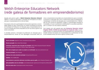 48 E D U C A Ç Ã O P A R A O E M P R E E N D E D O R I S M O ― G U I A P A R A E D U C A D O R E S
Welsh Enterprise Educators Network
(rede galesa de formadores em empreendedorismo)
Apoiada pelo governo galês, a Welsh Enterprise Educators Network
(WEEN) é a fonte de informação e orientação dos formadores em educa-
ção para o empreendedorismo no País de Gales.
Este projeto conta com a participação de sete escolas superiores e universi-
dades ligadas em rede, e desenvolveu um módulo acreditado de mestrado
de Formação de Professores em Educação para o Empreendedorismo. O
curso foi utilizado para formar educadores do EFP, do ensino superior e do
ensino comunitário.
A atividade promove a formação de professores em educação para o
empreendedorismo através de uma abordagem estruturada tendo em
vista a compreensão da importância do empreendedorismo para a sociedade,
a economia e a educação, bem como o conhecimento prático de pedagogias e
metodologias no domínio da educação para o empreendedorismo. A aborda-
gem do curso consiste em despoletar («trigger») a «aprendizagem baseada na
curiosidade», em que os professores contextualizam a sua própria aprendiza-
gem e a utilizam nos seus próprios ambientes.
Este trabalho tem sido apoiado pela rede Enterprise Educators United
Kingdom (EEUK). A EEUK tem participado na criação de redes, na pres-
tação de apoio e no desenvolvimento do empreendedorismo, possuindo mais
de 500 membros formadores em empreendedorismo e profissionais de mais
de 90 estabelecimentos de ensino superior do Reino Unido.
Tipo de atividade: ligação em rede e intercâmbio de boas práticas
País de execução: Reino Unido (País de Gales)
Instituição responsável pela execução da atividade: WEEN (Welsh Enterprise Educators Network)
Swansea Metropolitan University e Trinity St. David, País de Gales
Sítio web ou ligação para aceder ao projeto ou à instituição: http://www.weenetwork.co.uk/
Contacto principal: Andy Penaluna
Endereço de correio eletrónico principal: Andy.penaluna@smu.ac.uk
Telefone: +44 1792481199
Intervenientes ou parceiros adicionais envolvidos: governo galês, rede «Enterprise Educators UK»
Aplicação/público-alvo da atividade: universidades/escolas superiores de formação de professores/EFP
Nível de ensino alvo: interdisciplinar/vários níveis de ensino
©InfiniteXX/Fotolia
 