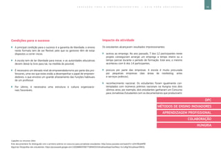 79E D U C A Ç Ã O P A R A O E M P R E E N D E D O R I S M O ― G U I A P A R A E D U C A D O R E S
Ligações ou recursos úteis:
Este documentário foi distinguido com o primeiro prémio no concurso para jornalistas estudantes: http://www.youtube.com/watch?v=oX41RKybM9E.
Algumas fotografias dos estudantes: https://picasaweb.google.com/100088693387758940555/KiallitasKepei?authkey=Gv1sRgCNnzy6eawrKBOQ.
Condições para o sucesso
`` A principal condição para o sucesso é a garantia de liberdade; o ensino
neste formato tem de ser flexível, pelo que os gestores têm de estar
dispostos a correr riscos.
`` A escola tem de ter liberdade para inovar, e as autoridades educativas
devem deixá-la livre para tal, na medida do possível.
`` É necessário um elevado nível de empreendedorismo por parte dos pro-
fessores, uma vez que estes estão a desempenhar o papel de empreen-
dedores, o que envolve um grande afastamento das funções habituais
de um professor.
`` Por último, é necessária uma estrutura e cultura organizacio-
nais favoráveis.
Impacto da atividade
Os estudantes alcançaram resultados impressionantes:
`` acesso ao emprego. No ano passado, 7 dos 12 participantes neste
projeto conseguiram arranjar um emprego a tempo inteiro ou a
tempo parcial durante o período de formação. Este ano, o mesmo
aconteceu com 6 dos 14 participantes;
`` procura por parte das empresas. A escola é muito procurada
por pequenas empresas (das áreas de marketing, artes
e serviços práticos);
`` reconhecimento nacional. Os estudantes foram igualmente con-
templados com inúmeros prémios nacionais na Hungria (nos dois
últimos anos, por exemplo, dois estudantes ganharam um Concurso
para Jornalistas Estudantes com os documentários que produziram).
DPC
MÉTODOS DE ENSINO INOVADORES
APRENDIZAGEM PROFISSIONAL
COLABORAÇÃO
HUNGRIA
 