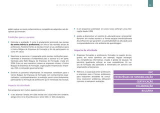 85E D U C A Ç Ã O P A R A O E M P R E E N D E D O R I S M O ― G U I A P A R A E D U C A D O R E S
podem aplicar os novos conhecimentos e competências adquiridos nas dis-
ciplinas que ensinam.
Condições para o sucesso
`` Estimular a aceitação. O curso é amplamente promovido nas escolas
do ensino teórico e profissional, em linha e nas reuniões anuais de
professores. Posteriormente, as escolas enviam a sua candidatura para
o Centro Búlgaro de Empresas de Formação a fim de participarem no
curso em causa
`` Maximizar as parcerias. A cooperação entre escolas, instituições gover-
namentais e empresas é fundamental para o sucesso e é, em parte,
facilitada pela Rede Búlgara de Empresas de Formação, criada em
2004. Entre os seus membros contam-se empresas virtuais, o Centro
Búlgaro de Empresas de Formação, organizações empresariais, empre-
sas, ONG e instituições governamentais
`` Envolver os parceiros empresariais. As empresas contribuem para o
Centro Búlgaro de Empresas de Formação com conhecimentos espe-
cializados, o acompanhamento e a avaliação, assim como diretamente,
participando na formação de professores que é ministrada nas escolas.
Impacto da atividade
Este programa tem muitos aspetos positivos:
`` o seu alcance é amplo; em cada escola com a qual entra em contacto,
atinge entre 10 e 20 professores e entre 500 e 1 500 estudantes;
`` é um programa sustentável: os cursos nunca sofreram uma inter-
rupção desde 1999;
`` ajudou a desenvolver um espírito de «educação para o empreende-
dorismo» em muitas escolas e a formar equipas interdisciplinares
de professores que garantem a sustentabilidade da educação para
o empreendedorismo e do ambiente de aprendizagem.
Impacto da atividade
`` Dispensar formações a professores, formados no quadro do pro-
grama, em novos domínios: por exemplo, línguas estrangei-
ras, competências informáticas, criação e gestão de equipas. Tal
permitirá igualmente reforçar as suas competências. Os cur-
sos de formação são planeados e ministrados em parceria com
organizações empresariais.
`` Melhorar a cooperação entre professores
e empresas reais e formar professores
para realizarem atividades de consul-
toria, resolverem problemas, efetuarem
controlos e realizarem avaliações.
DPC
ESTRATÉGIAS DE SENSIBILIZAÇÃO
CERTIFICAÇÃO
COLABORAÇÃO
BULGÁRIA
 