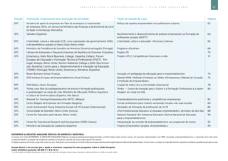 97E D U C A Ç Ã O P A R A O E M P R E E N D E D O R I S M O ― G U I A P A R A E D U C A D O R E S
Secção Instituição responsável pela execução da atividade Título do estudo de caso Página
DPC Iniciativa de apoio às empresas em fase de arranque e à transmissão
de empresas (IFEX), um serviço do Ministério das Finanças e da Economia do Land
de Bade-Vurtemberga (Alemanha)
Reforço do espírito empreendedor em professores e alunos 62
DPC Valnalon (Espanha) Reconhecimento e desenvolvimento de práticas empresariais na formação de
professores (projeto ADEPTT)
64
DPC Criatividade, cultura e educação (CCE), uma organização não governamental (ONG)
e de beneficência sediada no Reino Unido (Reino Unido)
Criatividade, cultura e educação: «Parcerias criativas» 66
DPC Ministério da Presidência do Conselho de Ministros (Governo português) (Portugal) Programa «Escolhas» 68
DPC Câmara de Artesanato e Pequenas Empresas da República da Eslovénia (Eslovénia) Projeto UPI 70
DPC Dinamarca, Niels Brock Business College; Espanha, Cebanc; Fórum
Europeu de Educação e Formação Técnica e Profissional (EfVET); Por-
tugal, Anespo; Reino Unido, Norton Radstock College e Bath Spa Univer-
sity; Roménia, Centro para o Desenvolvimento e Inovação na Educação
(TEHNE) (Portugal, Reino Unido, Dinamarca, Roménia, Espanha)
Projeto LIFE 2: Competências-chave para a vida 72
DPC Rouen Business School (França) Inovação em pedagogia da educação para o empreendedorismo 74
DPC I2ER Instituto Europeu de Empreendedorismo Rural (França) Método MIME: Méthode d’Initiation au Métier d’Entrepreneur (Método de Iniciação
à Profissão de Empreendedor)
76
DPC Zöld Kakas Líceum (Hungria) Criação de redes com a comunidade empresarial 78
DPC Tknika, uma filial do subdepartamento de ensino e formação profissionais
e aprendizagem ao longo da vida, Ministério da Educação, Política Linguística
e Cultura do Governo basco (Espanha, País Basco)
Tknika ― Centro de Inovação para o Ensino e a Formação Profissionais e a Apren-
dizagem ao Longo da Vida
80
DPC Network for Training Entrepreneurship (NFTE), (Bélgica) Empreendedorismo proficiente e competências empresariais 82
DPC Centro Búlgaro de Empresas de Formação (Bulgária) Formar professores para criarem «empresas virtuais» nas suas escolas 84
DPC Junior Achievement Young Enterprise Europe (JA-YE Europe) (Internacional) Atividades de formação de professores de JA-YE 86
DPC Universidade de Aberdeen (Reino Unido, Escócia) «The Entrepreneurial Educator» (o educador empreeendedor), seminário de dois dias 88
DPC Centre for Education and Industry (Reino Unido) National Standard nfor Enterprise Education (Norma Nacional de Educação
para o Empreendedorismo)
90
DPC Centre for Educational Research and Development (CERD) (Líbano) Interpretação do conceito de empreendedorismo nos programas de ensino 92
DPC Ministério da Educação da Catalunha (Espanha) Projecte Emprenedors (projeto «Empreendedor») 94
ENTERPRISE  INDUSTRY MAGAZINE (REVISTA DE EMPRESA E INDÚSTRIA)
A revista em linha ENTERPRISE  INDUSTRY MAGAZINE (http://ec.europa.eu/enterprise/magazine/index_en.htm) trata, entre outras coisas, de assuntos relacionados com PME, inovação, empreeendedorismo, o mercado único dos bens,
competitividade e proteção do ambiente, políticas industriais através de uma ampla gama de setores.
A edição impressa da revista surge três vezes por ano. Pode fazer uma assinatura em linha (http://ec.europa.eu/enterprise/magazine/print-edition/subscription/index_en.htm) para a receber em alemão, francês, espanhol ou italiano gratuitamente pelo correio.
Europe Direct é um serviço que o ajuda a encontrar respostas às suas perguntas sobre a União Europeia.
Linha telefónica gratuita: 00 800 6 7 8 9 10 11
(*) As informações prestadas são gratuitas, tal como a maior parte das chamadas, embora alguns operadores, cabinas telefónicas ou hotéis as possam cobrar.
 