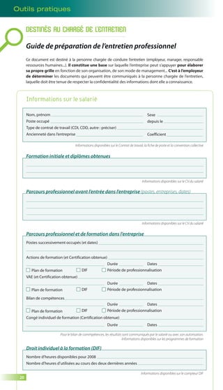 Outils pratiques 
20 
DESTINÉS AU CHARGÉ DE L’ENTRETIEN 
Guide de préparation de l’entretien professionnel 
Ce document est destiné à la personne chargée de conduire l’entretien (employeur, manager, responsable 
ressources humaines...). Il constitue une base sur laquelle l’entreprise peut s’appuyer pour élaborer 
sa propre grille en fonction de son organisation, de son mode de management... C’est à l’employeur 
de déterminer les documents qui peuvent être communiqués à la personne chargée de l’entretien, 
laquelle doit être tenue de respecter la confidentialité des informations dont elle a connaissance. 
Nom, prénom 
Poste occupé 
Type de contrat de travail (CDI, CDD, autre : préciser) 
Ancienneté dans l’entreprise 
Sexe 
depuis le 
Coefficient 
Informations disponibles sur le Contrat de travail, la fiche de poste et la convention collective 
Formation initiale et diplômes obtenues 
Informations disponibles sur le CV du salarié 
Parcours professionnel avant l’entrée dans l’entreprise (postes, entreprises, dates) 
Informations disponibles sur le CV du salarié 
Parcours professionnel et de formation dans l’entreprise 
Postes successivement occupés (et dates) 
Actions de formation (et Certification obtenue) 
Plan de formation 
VAE (et Certification obtenue) 
Plan de formation 
Bilan de compétences 
Plan de formation 
Durée Dates 
DIF Période de professionnalisation 
Durée Dates 
Durée Dates 
Congé individuel de formation (Certification obtenue) 
Durée Dates 
Pour le bilan de commpétences, les résultats sont communiqués par le salarié ou avec son autorisation. 
Informations disponibles sur les programmes de formation 
Informations sur le salarié 
DIF Période de professionnalisation 
DIF Période de professionnalisation 
Droit individuel à la formation (DIF) 
Nombre d’heures disponibles pour 2008 
Nombre d’heures d’utilisées au cours des deux dernières années 
Informations disponibles sur le compteur DIF 
 