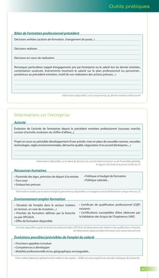 Outils pratiques 
21 
Bilan de l’entretien professionnel précédent 
Décisions arrêtées (actions de formation, changement de poste...) 
Décisions réalisées 
Décisions en cours de réalisation 
Remarques particulières (rappel d’engagements pris par l’entreprise ou le salarié lors du dernier entretien, 
contestation soulevée, événements touchant le salarié sur le plan professionnel ou personnel... 
postérieurs au précédent entretien, motif de non réalisation des actions prévues....) 
Informations disponibles sur le compte rendu du dernier entretien professionnel 
Informations sur l’entreprise 
Activité 
Évolution de l’activité de l’entreprise depuis le précédent entretien professionnel (nouveau marché, 
cession d’activité, évolution du chiffre d’affaire...) 
Projet en cours ou prévisible (développement d’une activité, mise en place de nouvelles normes, nouvelles 
technologies, règles environnementales, démarche qualité, négociation d’un accord d’entreprise.....) 
Informations disponibles sur le relevé de décisions du conseil d’administration ou de l’Assemblée générale, 
le rapport d’activité ou le procès-verbal du CE 
Ressources humaines 
• Pyramide des âges, prévision de départ à la retraite 
• Turn-over 
• Embauches prévues 
• Politique et budget de formation 
• Politique salariale... 
Informations traitées par le service chargé du personnel ou disponibles sur le rapport annuel d’information unique remis au CE 
Environnement emploi-formation 
• Situation de l’emploi dans le secteur (métiers 
• Certificats de qualification professionnel (CQP) 
en tension, en voie de mutation....) 
existants 
• Priorités de formation définies par la branche 
• Certifications susceptibles d’être obtenues par 
ou par OPCALIA 
la Validation des Acquis de l’Expérience (VAE) 
• Offre de formation disponible 
Données disponibles auprès de la branche professionnelle, d’OPCALIA, de l’observatoire des métiers et des qualifications (s’il existe), 
de l’observatoire régional emploi-formation (voir www.intercarif.com) 
Évolutions possibles/prévisibles de l’emploi du salarié 
• Fonctions appelées à évoluer 
• Compétences à développer 
• Mobilité professionnelle et/ou géographique envisageable... 
Fiches métiers (répertoire opérationnel des métiers et des emplois – ROME voir www.anpe.fr) et les données statistiques de la branche... 
 