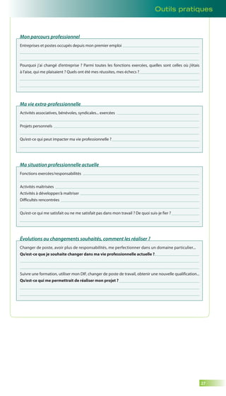 Outils pratiques 
27 
Mon parcours professionnel 
Entreprises et postes occupés depuis mon premier emploi 
Pourquoi j’ai changé d’entreprise ? Parmi toutes les fonctions exercées, quelles sont celles où j’étais 
à l’aise, qui me plaisaient ? Quels ont été mes réussites, mes échecs ? 
Ma vie extra-professionnelle 
Activités associatives, bénévoles, syndicales... exercées 
Projets personnels 
Qu’est-ce qui peut impacter ma vie professionnelle ? 
Ma situation professionnelle actuelle 
Fonctions exercées/responsabilités 
Activités maîtrisées 
Activités à développer/à maîtriser 
Difficultés rencontrées 
Qu’est-ce qui me satisfait ou ne me satisfait pas dans mon travail ? De quoi suis-je fier ? 
Évolutions ou changements souhaités, comment les réaliser ? 
Changer de poste, avoir plus de responsabilités, me perfectionner dans un domaine particulier... 
Qu’est-ce que je souhaite changer dans ma vie professionnelle actuelle ? 
Suivre une formation, utiliser mon DIF, changer de poste de travail, obtenir une nouvelle qualification... 
Qu’est-ce qui me permettrait de réaliser mon projet ? 
 