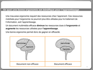 En quoi une bonne ergonomie est bénéfique pour l’apprentissage


 Une mauvaise ergonomie requiert des ressources chez l’apprenant. Ces ressources
 mobilisés pour l’ergonomie ne pourront plus être utilisées pour le traitement de
 l’information, soit l’apprentissage.
 Un document multimédia efficace diminue les ressources dues à l’ergonomie et
 augmente les ressources utilisées pour l’apprentissage.
 Une bonne ergonomie permet donc de gagner en efficacité.




            Apprentissage                                   Apprentissage

                            Ergonomie
                                                               Ergonomie




            Document non efficace                  Document efficace
                                                                                    4
 