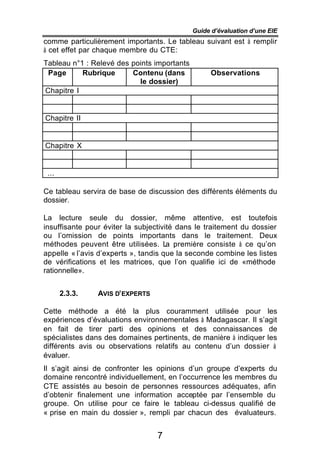 Guide d’évaluation d’une EIE
comme particulièrement importants. Le tableau suivant est à remplir
à cet effet par chaque membre du CTE:
Tableau n°1 : Relevé des points importants
 Page      Rubrique      Contenu (dans             Observations
                           le dossier)
Chapitre I


Chapitre II


Chapitre X


 ...

Ce tableau servira de base de discussion des différents éléments du
dossier.

La lecture seule du dossier, même attentive, est toutefois
insuffisante pour éviter la subjectivité dans le traitement du dossier
ou l’omission de points importants dans le traitement. Deux
méthodes peuvent être utilisées. L première consiste à ce qu’on
                                      a
appelle « l’avis d’experts », tandis que la seconde combine les listes
de vérifications et les matrices, que l’on qualifie ici de «méthode
rationnelle».


       2.3.3.   AVIS D’EXPERTS

Cette méthode a été la plus couramment utilisée pour les
expériences d’évaluations environnementales à Madagascar. Il s’agit
en fait de tirer parti des opinions et des connaissances de
spécialistes dans des domaines pertinents, de manière à indiquer les
différents avis ou observations relatifs au contenu d’un dossier à
évaluer.
Il s’agit ainsi de confronter les opinions d’un groupe d’experts du
domaine rencontré individuellement, en l’occurrence les membres du
CTE assistés au besoin de personnes ressources adéquates, afin
d’obtenir finalement une information acceptée par l’ensemble du
groupe. On utilise pour ce faire le tableau ci-dessus qualifié de
« prise en main du dossier », rempli par chacun des évaluateurs.


                                  7
 