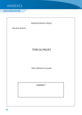 58
	 PRESENTATION DU PROJET
	 Nom de la structure
	 TITRE DU PROJET
	 Brève définition du projet
CONTACT
ANNEXES
ORGANISATION
 