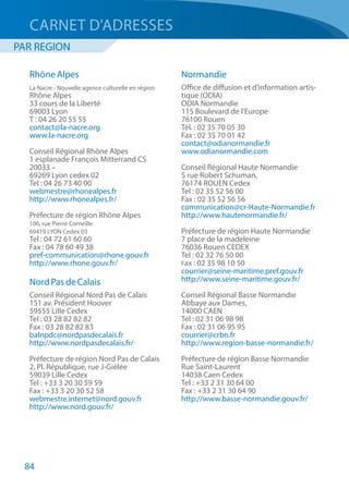Rhône Alpes
La Nacre - Nouvelle agence culturelle en région
Rhône Alpes
33 cours de la Liberté
69003 Lyon
T : 04 26 20 55 55
contact@la-nacre.org
www.la-nacre.org 
Conseil Régional Rhône Alpes
1 esplanade François Mitterrand CS
20033 –
69269 Lyon cedex 02
Tel : 04 26 73 40 00
webmestre@rhonealpes.fr
http://www.rhonealpes.fr/
Préfecture de région Rhône Alpes
106, rue Pierre Corneille
69419 LYON Cedex 03
Tel : 04 72 61 60 60
Fax : 04 78 60 49 38
pref-communication@rhone.gouv.fr
http://www.rhone.gouv.fr/
Nord Pas de Calais
Conseil Régional Nord Pas de Calais
151 av. Président Hoover
59555 Lille Cedex
Tel : 03 28 82 82 82
Fax : 03 28 82 82 83
balnpdc@nordpasdecalais.fr
http://www.nordpasdecalais.fr/
Préfecture de région Nord Pas de Calais 
2, Pl. République, rue J-Giélée
59039 Lille Cedex
Tel : +33 3 20 30 59 59
Fax : +33 3 20 30 52 58
webmestre.internet@nord.gouv.fr
http://www.nord.gouv.fr/
Normandie
Office de diffusion et d’information artis-
tique (ODIA)
ODIA Normandie
115 Boulevard de l'Europe
76100 Rouen
Tél. : 02 35 70 05 30
Fax : 02 35 70 01 42
contact@odianormandie.fr
www.odianormandie.com
Conseil Régional Haute Normandie
5 rue Robert Schuman,
76174 ROUEN Cedex
Tel : 02 35 52 56 00
Fax : 02 35 52 56 56
communication@cr-Haute-Normandie.fr
http://www.hautenormandie.fr/
Préfecture de région Haute Normandie
7 place de la madeleine
76036 Rouen CEDEX
Tel : 02 32 76 50 00
Fax : 02 35 98 10 50
courrier@seine-maritime.pref.gouv.fr
http://www.seine-maritime.gouv.fr/
Conseil Régional Basse Normandie
Abbaye aux Dames,
14000 CAEN
Tel : 02 31 06 98 98
Fax : 02 31 06 95 95
courrier@crbn.fr
http://www.region-basse-normandie.fr/
Préfecture de région Basse Normandie 
Rue Saint-Laurent
14038 Caen Cedex
Tel : +33 2 31 30 64 00
Fax : +33 2 31 30 64 90
http://www.basse-normandie.gouv.fr/
CARNET D'ADRESSES
PAR REGION
84
 