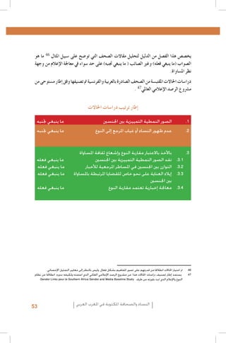 1 .1
2 .2
3 .3
4 .4
5 .5
6 .6
7 .7
46
8 .8
9 .9
1010
1111
1212
1313
1414
47
1515
1616
1717
1818
1919
2020
2121
2222
‫ما ينبغي جتنبه‬
‫ني‬
	 ‫الصور النمطية التمييزية بني اجلنس‬
.
	1
2323
2424
‫ما ينبغي جتنبه‬
‫عدم ظهور النساء أو غياب املرجع إلى النوع‬
.
	2
2525
2626
2727
2828
‫باألخذ باالعتبار مقاربة النوع وإشعاع ثقافة املساواة‬
.
	3
2929
3030
‫ما ينبغي فعله‬
‫13131.3	 نقد الصور النمطية التمييزية بني اجلنسني‬
.
‫ما ينبغي فعله‬
‫23232.3	 التوازن بني اجلنسني في املساطر املرجعية لألخبار‬
.
‫ما ينبغي فعله‬
‫33333.3	 إيالء العناية على نحو خاص للقضايا املرتبطة باملساواة‬
. 3434
‫ بني اجلنسني‬of Mou-3535
Al Quzahy Khaled Ali, El Filali Zineb, Women Representation in Women Moroccan magazines : the Impact
.dawna In
Femmes du
Lalla Fatima and 	3.4
‫ ما ينبغي فعله‬Portraying Women in Moroccan magazines,.FIJ, FemmesMaroc,les médias algériens, 20053636
‫معاجلة إخبارية تعتمد مقاربة النوع‬Citadine
.
dans
.FIJ, Le leadership au féminin dans les syndicats de journalistes en Algérie, 20083737
Loi organique n. 12-05 du 18 Safar 1433, correspondant au 12 janvier 2012, relative à l’information ; source : http 3838
.: //www.ministerecommunication.gov.dz/textes/loiorginfofr.pdf
.Taieb Belmadi, Algérie : boom de la presse arabophone, Jeune Afrique, 28 septembre 20093939
Les données relatives à la Tunisie, présentées dans ce paragraphe, sont tirées de deux études déjà citées : GMMP4040
.)(2010) et Naji (2006
Monia Azzalini, Hamida El Bour, Manuela Malchiodi, L’espressione liberata? La difficile transizione dei media 4141
tunisini, Osservatorio di Pavia, 2012 ; UNESCO, Etude sur le développement des médias en Tunisie. Basée sur les
.indicateurs de développement des médias de l’UNESCO, 2012
Rapport de monitorage de l’Instance supérieure indépendante pour les élections en Tunisie.Rapport de la Mission4242
.d’observation électorale de l’Union Européenne en Algérie
Royaume du Maroc - Ministère de la Communication, Etude relative aux attentes de la femme marocaine en4343
.matière de représentation de son image dans les médias audiovisuels, Mai 2010
Sana Ben Achour, Féminisme laïc en pays d’Islam, Tunis 2012 ; Barbara Airò, Quale voce per le donne dopo la4444
.primavera araba?, Università di Pavia 2012
4545
.‫6464مت اختيار احلاالت انطالقا من قدرتهم على تصور املفاهيم بشكل فعال، وليس بالنظر إلى معايير التمثيل اإلحصائي‬
‫7474 يستمد إطار تصنيف دراسات احلاالت هذا، من مشروع الرصد اإلعالمي العاملي الذي اعتمده ولكيفه بدوره، انطالقا من نظام‬
.Gender Links pour le Southern Africa Gender and Media Baseline Study ‫النوع واإلعالم الذي متت بلورته من طرف‬

‫يخ�ص�ص هذا الف�صل من الدليل لتحليل مقاالت ال�صحف التي تو�ضح على �سبيل املثال ما هو‬
‫ال�صواب (ما ينبغي فعله) وغري ال�صائب ( ما ينبغي جتنبه) على حد �سواء يف معاجلة الإعالم من وجهة‬
.‫نظر امل�ساواة‬
‫درا�سات احلاالت املقتب�سة من ال�صحف ال�صادرة بالعربية والفرن�سية مت ت�صنيفها وفق �إطار م�ستوحى من‬
. ‫م�رشوع الر�صد الإعالمي العاملي‬

‫�إطار ترتيب درا�سات احلاالت‬

53

‫النساء والصحافة املكتوبة في املغرب العربي‬

 