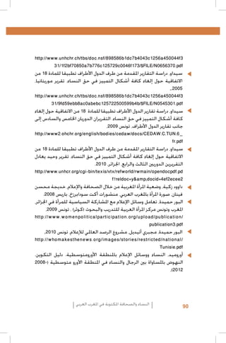 ‫3‪http://www.unhchr.ch/tbs/doc.nsf/898586b1dc7b4043c1256a450044f‬‬
‫‪31/1f2bf70850a7b776c125729c0046f173/$FILE/N0656370.pdf‬‬
‫	 •سيداو، دراسة التقارير املقدمة من طرف الدول األطراف تطبيقا للمادة 81 من‬
‫االتفاقية حول إلغاء كافة أشكال التمييز في حق النساء. تقرير موريتانيا،‬
‫5002،,‬
‫3‪http://www.unhchr.ch/tbs/doc.nsf/898586b1dc7b4043c1256a450044f‬‬
‫‪31/9fd59ebb8ac0abebc125722500599b4b/$FILE/N0545301.pdf‬‬
‫سيداو، دراسة تقارير الدول األطراف تطبيقا للمادة 81 من االتفاقية حول إلغاء‬
‫كافة أشكال التمييز في حق النساء. التقريران الدوريان اخلامس والسادس إلى‬
‫جانب تقارير الدول األطراف، تونس 9002،‬
‫_6.‪http://www2.ohchr.org/english/bodies/cedaw/docs/CEDAW.C.TUN‬‬
‫‪fr.pdf‬‬
‫سيداو، دراسة التقارير املقدمة من طرف الدول األطراف تطبيقا للمادة 81 من‬
‫االتفاقية حول إلغاء كافة أشكال التمييز في حق النساء. تقرير وحيد يعادل‬
‫التقريرين الدوريني الثالث والرابع، اجلزائر، 0102.‬
‫‪http://www.unhcr.org/cgi-bin/texis/vtx/refworld/rwmain/opendocpdf.pd‬‬
‫2‪f?reldoc=y&amp;docid=4ef2ecee‬‬
‫	 •داوود زكية، وضعية املرأة املغربية من خالل الصحافة واإلعالم، خديجة محسن‬
‫فينان، صورة املرأة باملغرب العربي، منشورات أكت سود/برزخ، باريس 8002.‬
‫البور حميدة، تعامل وسائل اإلعالم مع املشاركة السياسية للمرأة في اجلزائر،‬
‫املغرب وتونس مركز املرأة العربية للتدريب والبحوث (كوثر) ، تونس 9002،‬
‫/‪http://www.womenpoliticalparticipation.org/upload/publication‬‬
‫‪publication3.pdf‬‬
‫	 •البور حميدة، مجبري أتيديل، مشروع الرصد العاملي لإلعالم، تونس 0102,‬
‫/‪http://whomakesthenews.org/images/stories/restricted/national‬‬
‫‪Tunisie.pdf‬‬
‫أوروميد، النساء ووسائل اإلعالم باملنطقة األورومتوسطية. دليل التكوين.‬
‫النهوض باملساواة بني الرجال والنساء في املنطقة األورو متوسطية (-8002‬
‫2102)،‬

‫09‬

‫النساء والصحافة املكتوبة في املغرب العربي‬

 