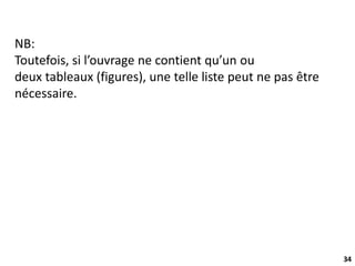 34
NB:
Toutefois, si l’ouvrage ne contient qu’un ou
deux tableaux (figures), une telle liste peut ne pas être
nécessaire.
 