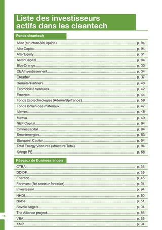 Liste des investisseurs
actifs dans les cleantech
Fonds cleantech
Réseaux de Business angels
Aliad(structureAirLiquide).................................................................................. p. 94
CTBA................................................................................................................. p. 36
Ecomobilité Ventures.......................................................................................... p. 42
The Alliance project............................................................................................ p. 56
BlueOrange........................................................................................................ p. 33
Investessor......................................................................................................... p. 94
Idinvest.............................................................................................................. p. 48
Smartenergies.................................................................................................... p. 53
AlterEquity.......................................................................................................... p. 31
Enereco............................................................................................................. p. 45
FondsEcotechnologies(Ademe/Bpifrance)........................................................ p. 59
XMP.................................................................................................................... p. 94
Creadev.............................................................................................................. p. 37
Notos................................................................................................................. p. 51
NEF Capital........................................................................................................ p. 94
Total Energy Ventures (structure Total)............................................................... p. 94
AloeCapital......................................................................................................... p. 94
DDIDF................................................................................................................. p. 39
Emertec............................................................................................................. p. 44
VBA.................................................................................................................... p. 55
CEAInvestissement............................................................................................ p. 34
NHDI.................................................................................................................. p. 50
Mirova............................................................................................................... p. 49
Starquest Capital................................................................................................ p. 54
Aster Capital....................................................................................................... p. 94
Forinvest (BA secteur forestier)......................................................................... p. 94
Fonds lorrain des matériaux............................................................................... p. 47
DemeterPartners................................................................................................ p. 40
Savoie Angels.................................................................................................... p. 94
Omnescapital...................................................................................................... p. 94
XAnge PE......................................................................................................... p. 58
18
 