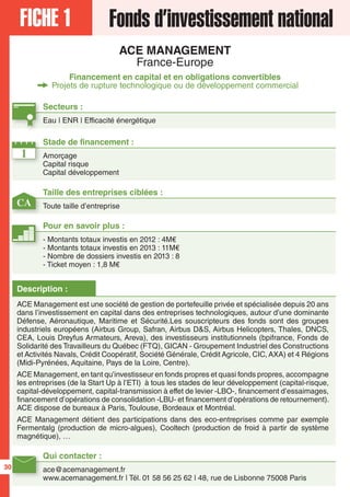 FICHE 1 Fonds d’investissement national
ACE MANAGEMENT
France-Europe
Financement en capital et en obligations convertibles
Projets de rupture technologique ou de développement commercial
1
CA
Secteurs :
Eau | ENR | Efficacité énergétique
Taille des entreprises ciblées :
Toute taille d’entreprise
Stade de financement :
Amorçage
Capital risque
Capital développement
Qui contacter :
ace@acemanagement.fr
www.acemanagement.fr | Tél. 01 58 56 25 62 | 48, rue de Lisbonne 75008 Paris
Pour en savoir plus :
- Montants totaux investis en 2012 : 4M€
- Montants totaux investis en 2013 : 11M€
- Nombre de dossiers investis en 2013 : 8
- Ticket moyen : 1,8 M€
Description :
ACE Management est une société de gestion de portefeuille privée et spécialisée depuis 20 ans
dans l’investissement en capital dans des entreprises technologiques, autour d’une dominante
Défense, Aéronautique, Maritime et Sécurité.Les souscripteurs des fonds sont des groupes
industriels européens (Airbus Group, Safran, Airbus D&S, Airbus Helicopters, Thales, DNCS,
CEA, Louis Dreyfus Armateurs, Areva), des investisseurs institutionnels (bpifrance, Fonds de
Solidarité des Travailleurs du Québec (FTQ), GICAN - Groupement Industriel des Constructions
et Activités Navals, Crédit Coopératif, Société Générale, Crédit Agricole, CIC, AXA) et 4 Régions
(Midi-Pyrénées, Aquitaine, Pays de la Loire, Centre).
ACE Management, en tant qu’investisseur en fonds propres et quasi fonds propres, accompagne
les entreprises (de la Start Up à l’ETI) à tous les stades de leur développement (capital-risque,
capital-développement, capital-transmission à effet de levier -LBO-, financement d’essaimages,
financement d’opérations de consolidation -LBU- et financement d’opérations de retournement).
ACE dispose de bureaux à Paris, Toulouse, Bordeaux et Montréal.
ACE Management détient des participations dans des eco-entreprises comme par exemple
Fermentalg (production de micro-algues), Cooltech (production de froid à partir de système
magnétique), …
30
 