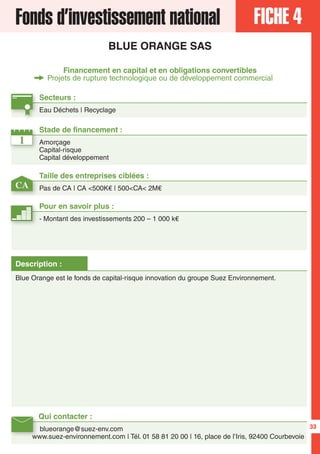 FICHE 4Fonds d’investissement national
BLUE ORANGE SAS
Financement en capital et en obligations convertibles
Projets de rupture technologique ou de développement commercial
1
CA
Secteurs :
Eau Déchets | Recyclage
Taille des entreprises ciblées :
Pas de CA | CA <500K€ | 500<CA< 2M€
Stade de financement :
Amorçage
Capital-risque
Capital développement
Qui contacter :
blueorange@suez-env.com
www.suez-environnement.com | Tél. 01 58 81 20 00 | 16, place de l’Iris, 92400 Courbevoie
Pour en savoir plus :
- Montant des investissements 200 – 1 000 k€
Description :
Blue Orange est le fonds de capital-risque innovation du groupe Suez Environnement.
33
 