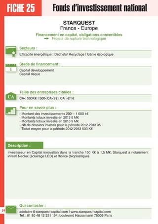 FICHE 25 Fonds d’investissement national
STARQUEST
France - Europe
Financement en capital, obligations convertibles
Projets de rupture technologique
Secteurs :
Efficacité énergétique | Déchets/ Recyclage | Génie écologique
Qui contacter :
adelattre@starquest-capital.com | www.starquest-capital.com
Tél. : 01 80 48 12 33 | 154, boulevard Haussmann 75008 Paris
Description :
Investisseur en Capital innovation dans la tranche 150 K€ à 1,5 M€. Starquest a notamment
investi Neolux (éclairage LED) et Biolice (bioplastique).
1
CA
Taille des entreprises ciblées :
CA< 500K€ | 500<CA<2€ | CA >2m€
Stade de financement :
Capital développement
Capital risque
Pour en savoir plus :
- Montant des investissements 200 – 1 000 k€
- Montants totaux investis en 2012 8 M€
- Montants totaux investis en 2013 9 M€
- Nb de dossiers investis pour la période 2012-2013 35
- Ticket moyen pour la période 2012-2013 500 K€
54
 