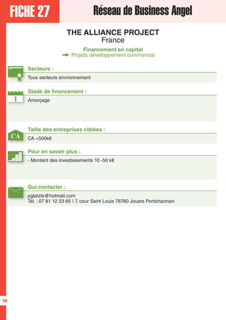 FICHE 27 Réseau de Business Angel
THE ALLIANCE PROJECT
France
Financement en capital
Projets développement commercial
Secteurs :
Tous secteurs environnement
Qui contacter :
pglatzle@hotmail.com
Tél. : 07 81 12 23 65 | 7, cour Saint Louis 78760 Jouars Pontchartrain
1
CA
Taille des entreprises ciblées :
CA <500k€
Stade de financement :
Amorçage
Pour en savoir plus :
- Montant des investissements 10 -50 k€
56
 
