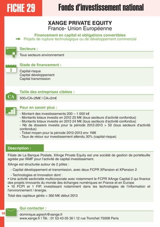 FICHE 29 Fonds d’investissement national
XANGE PRIVATE EQUITY
France- Union Européenne
Financement en capital et obligations convertibles
Projets de rupture technologique ou de développement commercial
Secteurs :
Tous secteurs environnement
Qui contacter :
dominique.agrech@xange.fr
www.xange.fr | Tél. : 01 53 43 05 30 | 12 rue Tronchet 75008 Paris
Description :
Filiale de La Banque Postale, XAnge Private Equity est une société de gestion de portefeuille
agréée par l’AMF pour l’activité de capital investissement.
XAnge est structurée autour de 2 pôles :
- Capital développement et transmission, avec deux FCPR XPansion et XPansion 2
- Technologies et Innovation dont :
• Une activité sectorielle multicorporate avec notamment le FCPR XAnge Capital 2 qui finance
des projets innovants du monde des échanges numériques en France et en Europe
• 10 FCPI et 1 FIP, investissant notamment dans les technologies de l’information et
l’environnement / énergie.
Total des capitaux gérés = 360 M€ début 2013
1
CA
Taille des entreprises ciblées :
500<CA<2M€ | CA>2m€
Stade de financement :
Capital-risque
Capital développement
Capital transmission
Pour en savoir plus :
- Montant des investissements 200 – 1 000 k€
- Montants totaux investis en 2012 25 M€ (tous secteurs d’activité confondus)
- Montants totaux investis en 2013 24 M€ (tous secteurs d’activité confondus)
- Nb de dossiers investis pour la période 2012-2013 > 50 (tous secteurs d’activité
confondus)
- Ticket moyen pour la période 2012-2013 env 1M€
- Taux de retour sur investissement attendu 30% (capital-risque)
58
 