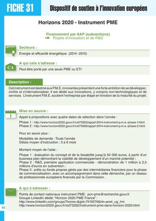 FICHE 31 Dispositif de soutien à l’innovation européen
Horizons 2020 - Instrument PME
Financement par AAP (subventions)
Projets d’innovation et de R&D
Secteurs :
Energie et efficacité énergétique (2014 -2015)
A qui s’adresser :
Points de contact nationaux instrument PME: pcn-pme@recherche.gouv.fr
Groupe LinkedIn dédié: “Horizon 2020 PME France” :
http://www.linkedin.com/groups?home=&gid=7410574&trk=anet_ug_hm
http://www.horizon2020.gouv.fr/cid73262/instrument-pme-dans-horizon-2020.html
1
Description :
CetinstrumentestdestinéauxP.M.E.innovantesprésentantuneforteambitiondesedévelopper,
croître et s’internationaliser. Il est dédié aux innovations, y compris non-technologiques et de
services. L’instrument P.M.E. soutient l’entreprise par étape en fonction de la maturité du projet.
A qui cela s’adresse :
Peut-être porté par une seule PME ou ETI
Mise en oeuvre :
Appel à propositions avec quatre dates de sélection dans l’année :
Phase 1 : http://www.horizon2020.gouv.fr/cid75903/appel-2014-instrument-p.m.e.-phase-1.html
Phase 2 : http://www.horizon2020.gouv.fr/cid75906/appel-2014-instrument-p.m.e.-phase-2.html
Pour en savoir plus :
Modalités de demande : Toute l’année
Délais moyen d’instruction : 3 à 6 mois
Montant moyen de l’aide :
Phase 1 : évaluation du concept et de la faisabilité jusqu’à 50 000 euros, à partir d’un
business plan démontrant la viabilité de développement d’un marché potentiel ;
Phase 2 : R&D, première application commerciale - démonstration de 1 million à 2,5
millions d’euros en subvention ;
Phase 3 : prêts ou fonds propres gérés par des intermédiaires financiers pour la phase
de commercialisation, avec un accompagnement dans cette démarche, par un réseau
de professionnels européens financés par la Commission.
CA
60
 