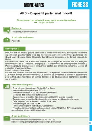 FICHE 38RHONE-ALPES
ARDI - Dispositif partenarial InnovR
Financement par subventions et avances remboursables
Projets de R&D
Secteurs :
Tous secteurs environnement
A qui s’adresser :
emilie.dumas@ardi-rhonesalpes.fr 04 72 75 47 90
http://eco-innover.rhonealpes.fr/innovr/jcms/j_6/fr/accueil
Description :
INNOV’R est un appel à projets permanent à destination des PME rhônalpines souhaitant
expérimenter grandeur réelle leurs éco-innovations auprès des collectivités partenaires : le
Grand Lyon, Grenoble-Alpes Métropole, Saint-Étienne Métropole et le Conseil général de
l’Isère.
Les domaines ciblés par le dispositif Innov’R: Technologies et services liés aux énergies
renouvelables et à l’efficacité énergétique ; Construction et aménagement durable ;
Procédés,produits et services éco-innovants ; Gestion des émissions polluantes. Mesure et
évaluation environnementales
Les six critères d’évaluation :
Le caractère innovant ; Le caractère démonstratif ; La réponse à un véritable besoin du marché
; La valeur ajoutée environnementale ; Le potentiel de croissance d’activité et économique
pour la PME ; Les retombées en termes d’emploi et de développement économique durable
sur la région.
A qui cela s’adresse :
PME-ETI
Pour en savoir plus :
- Zone géographique ciblée Région Rhône Alpes
- Montant des aides/prêts 50 – 200 k€
- Montant financé (en % du coût total du projet) 50%
- Modalités des demandes Toute l’année
- Taux de retour favorable - Nb de dossiers aidés 60% taux de réussite
- Taux de retour favorable - Nb de dossiers reçus par an 80 dossiers /an reçus
- Délai moyen d’instruction des dossiers 3 à 6 mois
- Montant moyen de l’aide 150K€
- Partenaires du projet Individuels, Collaboratifs
- Prestation complémentaire au financement : Appui AFNOR et INPI : diagnostics
normalisation et propriété intellectuelle.
CA
69
 