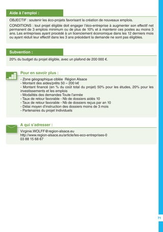 A qui s’adresser :
Virginie.WOLFF@region-alsace.eu
http://www.region-alsace.eu/article/les-eco-entreprises-0
03 88 15 68 67
Aide à l’emploi :
OBJECTIF : soutenir les éco-projets favorisant la création de nouveaux emplois.
CONDITIONS : tout projet éligible doit engager l’éco-entreprise à augmenter son effectif net
permanent de 3 emplois minimum ou de plus de 10% et à maintenir ces postes au moins 3
ans. Les entreprises ayant procédé à un licenciement économique dans les 12 derniers mois
ou ayant réduit leur effectif dans les 3 ans précédant la demande ne sont pas éligibles.
Subvention :
20% du budget du projet éligible, avec un plafond de 200 000 €.
Pour en savoir plus :
- Zone géographique ciblée Région Alsace
- Montant des aides/prêts 50 – 200 k€
- Montant financé (en % du coût total du projet) 50% pour les études, 20% pour les
investissements et les emplois
- Modalités des demandes Toute l’année
- Taux de retour favorable - Nb de dossiers aidés 10
- Taux de retour favorable - Nb de dossiers reçus par an 10
- Délai moyen d’instruction des dossiers moins de 3 mois
- Partenaires du projet Individuels
71
 