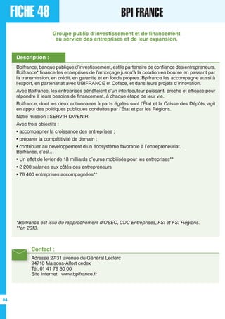 FICHE 48 BPI FRANCE
84
Contact :
Adresse 27-31 avenue du Général Leclerc
94710 Maisons-Alfort cedex
Tél. 01 41 79 80 00
Site Internet www.bpifrance.fr
Description :
Bpifrance, banque publique d’investissement, est le partenaire de confiance des entrepreneurs.
Bpifrance* finance les entreprises de l’amorçage jusqu’à la cotation en bourse en passant par
la transmission, en crédit, en garantie et en fonds propres. Bpifrance les accompagne aussi à
l’export, en partenariat avec UBIFRANCE et Coface, et dans leurs projets d’innovation.
Avec Bpifrance, les entreprises bénéficient d’un interlocuteur puissant, proche et efficace pour
répondre à leurs besoins de financement, à chaque étape de leur vie.
Bpifrance, dont les deux actionnaires à parts égales sont l’État et la Caisse des Dépôts, agit
en appui des politiques publiques conduites par l’État et par les Régions.
Notre mission : SERVIR L’AVENIR
Avec trois objectifs :
• accompagner la croissance des entreprises ;
• préparer la compétitivité de demain ;
• contribuer au développement d’un écosystème favorable à l’entrepreneuriat.
Bpifrance, c’est…
• Un effet de levier de 18 milliards d’euros mobilisés pour les entreprises**
• 2 200 salariés aux côtés des entrepreneurs
• 78 400 entreprises accompagnées**
*Bpifrance est issu du rapprochement d’OSEO, CDC Entreprises, FSI et FSI Régions.
**en 2013.
Groupe public d’investissement et de financement
au service des entreprises et de leur expansion.
 