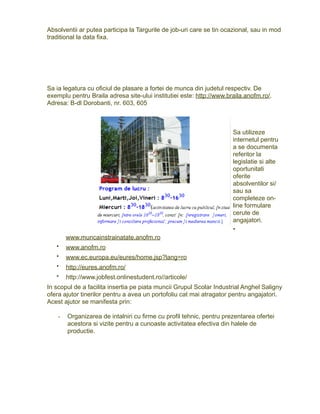 Absolventii ar putea participa la Targurile de job-uri care se tin ocazional, sau in mod
traditional la data fixa.

Sa ia legatura cu oficiul de plasare a fortei de munca din judetul respectiv. De
exemplu pentru Braila adresa site-ului institutiei este: http://www.braila.anofm.ro/.
Adresa: B-dl Dorobanti, nr. 603, 605

Sa utilizeze
internetul pentru
a se documenta
referitor la
legislatie si alte
oportunitati
oferite
absolventilor si/
sau sa
completeze online formulare
cerute de
angajatori.
•

www.muncainstrainatate.anofm.ro
•

www.anofm.ro

•

www.ec.europa.eu/eures/home.jsp?lang=ro

•

http://eures.anofm.ro/

•

http://www.jobfest.onlinestudent.ro//articole/

In scopul de a facilita insertia pe piata muncii Grupul Scolar Industrial Anghel Saligny
ofera ajutor tinerilor pentru a avea un portofoliu cat mai atragator pentru angajatori.
Acest ajutor se manifesta prin:
-

Organizarea de intalniri cu firme cu profil tehnic, pentru prezentarea ofertei
acestora si vizite pentru a cunoaste activitatea efectiva din halele de
productie.

 