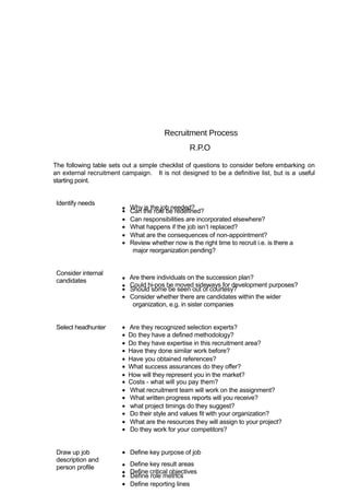 Recruitment Process
                                                   R.P.O

The following table sets out a simple checklist of questions to consider before embarking on
an external recruitment campaign. It is not designed to be a definitive list, but is a useful
starting point.


 Identify needs
                        •
                        •
                            Why is the job needed?
                            Can the role be redefined?
                        •   Can responsibilities are incorporated elsewhere?
                        •   What happens if the job isn’t replaced?
                        •   What are the consequences of non-appointment?
                        •   Review whether now is the right time to recruit i.e. is there a
                             major reorganization pending?


 Consider internal
 candidates             •   Are there individuals on the succession plan?
                        •   Could hi-pos be moved sideways for development purposes?
                        •   Should some be seen out of courtesy?
                        •   Consider whether there are candidates within the wider
                             organization, e.g. in sister companies


 Select headhunter      •   Are they recognized selection experts?
                        •   Do they have a defined methodology?
                        •   Do they have expertise in this recruitment area?
                        •   Have they done similar work before?
                        •   Have you obtained references?
                        •   What success assurances do they offer?
                        •   How will they represent you in the market?
                        •   Costs - what will you pay them?
                        •   What recruitment team will work on the assignment?
                        •   What written progress reports will you receive?
                        •   what project timings do they suggest?
                        •   Do their style and values fit with your organization?
                        •   What are the resources they will assign to your project?
                        •   Do they work for your competitors?


 Draw up job            • Define key purpose of job
 description and
 person profile         •   Define key result areas
                        •   Define critical objectives
                        •   Define role metrics
                        •   Define reporting lines
 