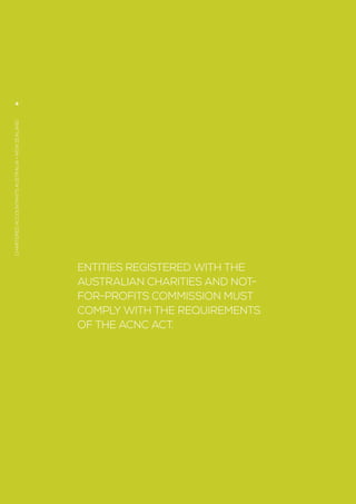 4
charteredaccountantsaustralia+newzealand
Entities registered with the
Australian Charities and Not-
for-profits Commission must
comply with the requirements
of the ACNC Act.
 