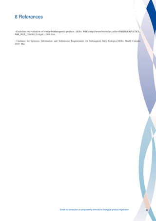 8 References

- Guidelines on evaluation of similar biotherapeutic products (SEBs). WHO, http://www.biosimilars.ca/docs/BIOTHERAPEUTICS_
FOR_WEB_22APRIL2010.pdf ; 2009 Oct..

- Guidance for Sponsors: Information and Submission Requirements for Subsequent Entry Biologics (SEBs). Health Canada;
2010 Mar.




                                           Guide for conduction of comparability exercise for biological product registration   11
 