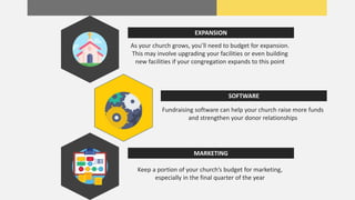 As your church grows, you’ll need to budget for expansion.
This may involve upgrading your facilities or even building
new facilities if your congregation expands to this point
EXPANSION
Fundraising software can help your church raise more funds
and strengthen your donor relationships
SOFTWARE
Keep a portion of your church’s budget for marketing,
especially in the final quarter of the year
MARKETING
 