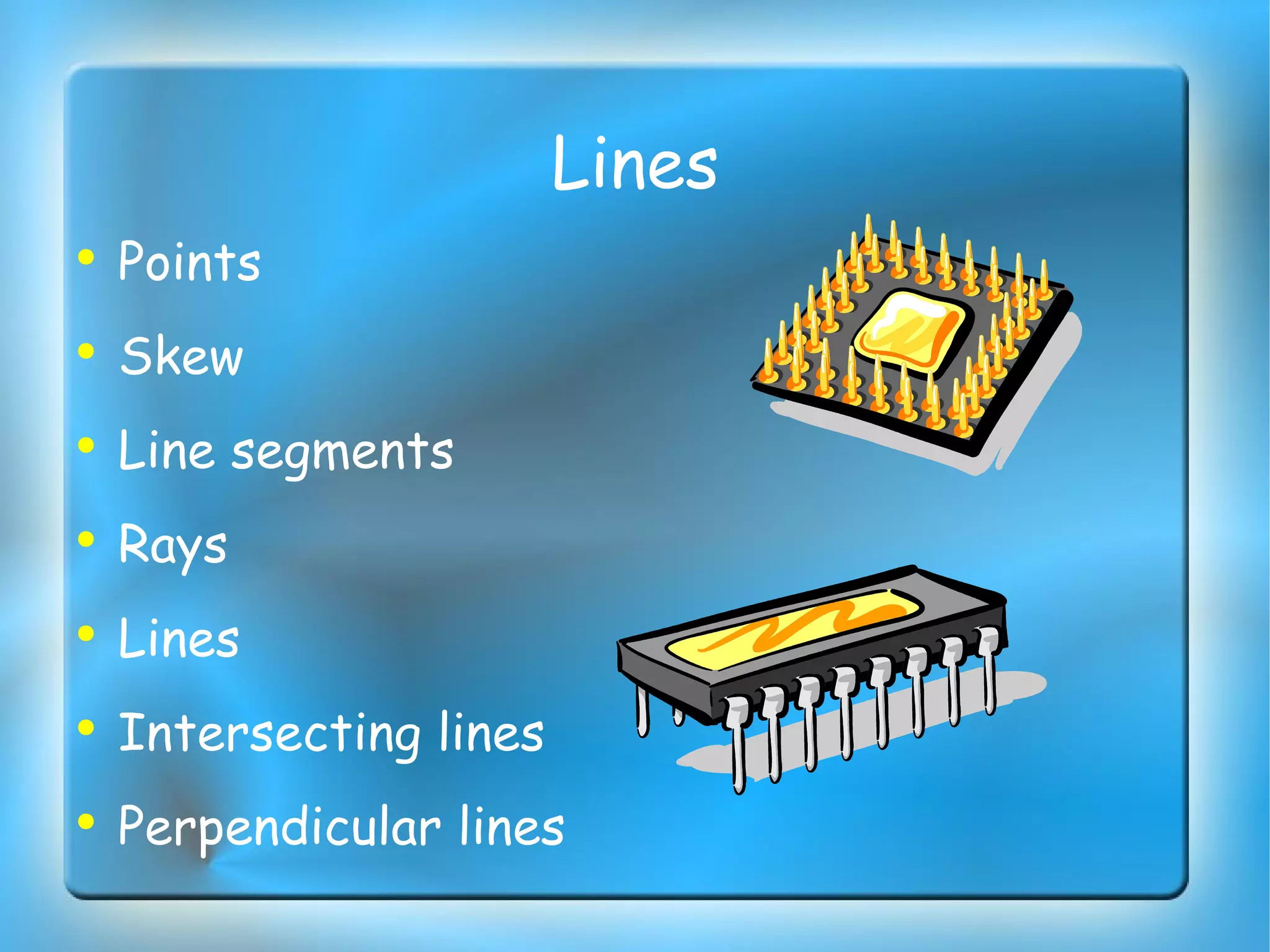 Lines Points Skew  Line segments Rays Lines Intersecting lines Perpendicular lines 