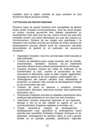 installées dans la région orientale du pays semblent ne plus
fonctionner depuis plusieurs années.

1.2 TYPOLOGIE DES PROJETS FORESTIERS

Plusieurs types de projets forestiers sont susceptibles de g    énérer
toutes sortes d’impacts environnementaux. Ainsi les divers projets
ou actions suivants peuvent-ils être réalisés séparément ou
conjointement mais dans tous les cas, chacun d’entre eux peut être
considéré comme une action élémentaire qui aura des impacts sur
l’environnement. Certains de ces projets sont spécifiques à la
foresterie mais d’autres sont liés aux activités de divers secteurs de
développement pouvant affecter aussi les ressources naturelles
renouvelables en général et, en particulier, les ressources
forestières :

§    Exploitation forestière à des fins commerciales (forêt naturelle et
    forêt artificielle) ;
§    Création de plantations (pour usage industriel, bois de chauffe,
    ornementation, récréation, tourisme, etc.) et traitements
    sylvicoles utilisant divers produits phytosanitaires et chimiques;
§    Industrie forestière incluant les unités de traitement et de
    transformation du bois : scieries et conservation du bois,
    menuiserie et ébénisterie, pulpe ou pâte à papier, agglomérés,
    recyclage de cartons et de vieux papiers, carbonisation, etc. ;
§    Aménagement des bassins versants avec reforestation et
    boisement, ou associé à des activités de développement intégré
    ou de conservation des sols ;
§    Création de parcs et réserves à vocations diverses
    (conservation, éducation, patrimoine mondial, sites traditionnels
    particuliers, etc.) ;
§    Introduction d’espèces animales et végétales autochtones et/ou
    exotiques déjà présentes ou non dans une zone forestière ;
§    Valorisation d’autres ressources ligneuses et non ligneuses :
    élevage in situ ou ex situ, collecte ou capture en vue de
    commercialisation d’espèces végétales et animales, etc. ;
§    Projets      sectoriels et  intégrés    de     développement      :
    développement rural, agriculture et aménagement hydro
    agricole avec possibilité d’utilisation d’engrais chimiques ou de
    pesticides, aménagement du territoire urbain et rural à grande
    échelle ou en grandes parcelles, planification régionale,


                                  12
 