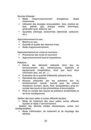 Sources d'énergie :
  • Mode        d'approvisionnement    énergétique,     degré
     d'autonomie.
  • Utilisation des énergies renouvelables : bois, charbon de
     bois, pétrole, gaz, énergie solaire (thermique,
     photovoltaïque), éolienne, etc.
  • Quantités d'énergie consommée (électricité, carburant,
     etc.).

 Approvisionnement en eau :
  • Besoins en eau
  • Quantité et qualité des réserves d’eau
  • Mode d’approvisionnement.

 Approvisionnement en vivres et nourriture :
  • Provenance des vivres et nourriture
  • Approvisionnement local et importations.

 Pollutions :
  • Nature des éléments polluants émis lors du
       fonctionnement    des     infrastructures, matériels   et
       équipements d’exploitation, ainsi que leurs lieux
       d’émission (eau, sol, air…)
  • Evaluation de la quantité d’éléments polluants émis
  • Périodicité des pollutions
  • Risques présentés par les pollutions lors du
       fonctionnement normal : toxicité pour les milieux
       récepteurs (humain, faune, flore, écosystèmes), prise en
       compte des seuils et des phénomènes d’accumulation
  • Prise en compte des risques de pollutions accidentelles et
       de leurs conséquences.

  Gestion des eaux usées et autres effluents liquides :
   • Mode de traitement des eaux usées, autres effluents
       liquides et rejets à l’environnement.
    Gestion des déchets solides (domestiques, autres non
biodégradables)
   • Mode d’élimination, de traitement et de recyclage des
       déchets.


                            29
 